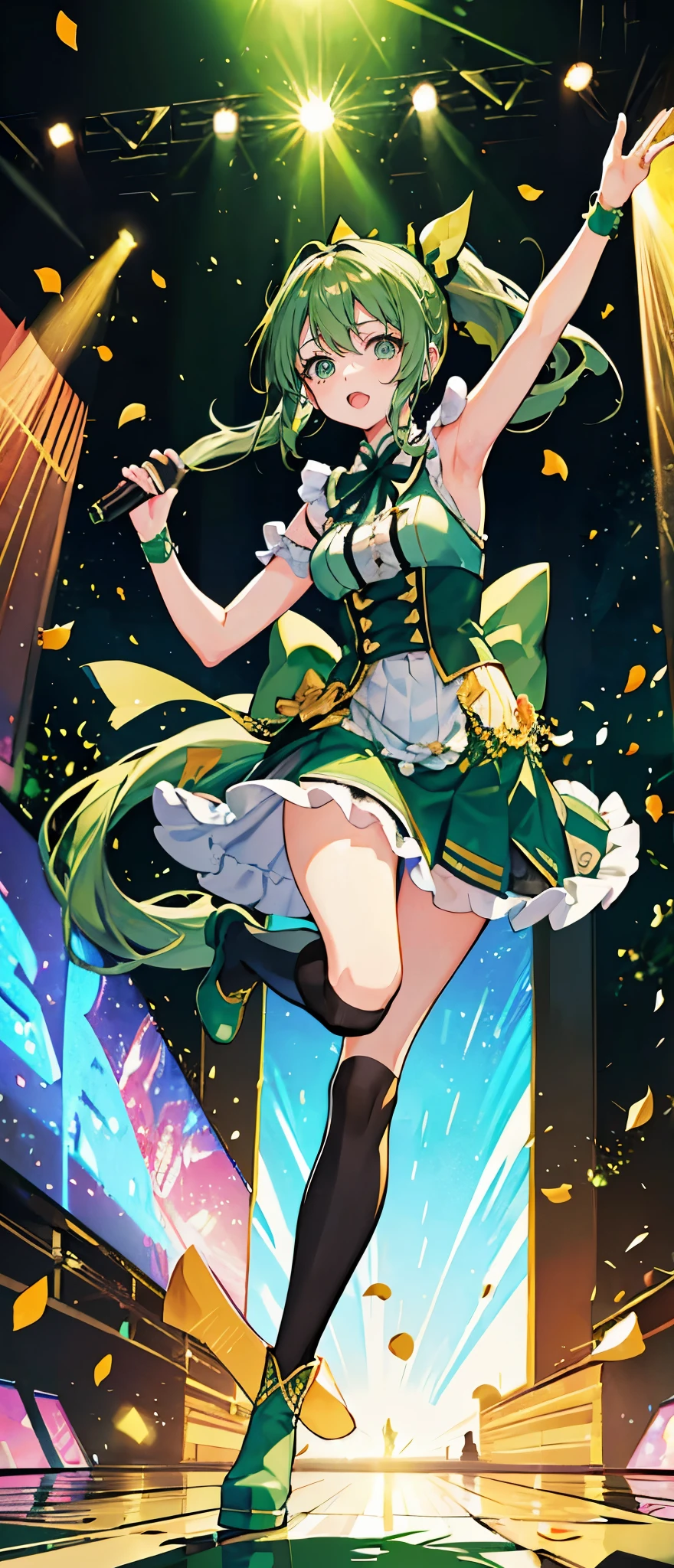 (muste piece), (best quality), very detailed, ((1 girl)), solo full body shot,Viewer's perspective,dynamic,jump,(smile),wink,perfect face, beautiful face, very detailedな顔,((green hair long ponytail_green eyes:1.3)),Gorgeous idol costumes,ruffle skirt,solo idol,ribbon hair ornament,ribbon boots,knee high socks,concert dome,live,have a microphone,singing,smiling with mouth wide open,Laser Light,Spotlight,Lots of confetti、A large amount of petals dance