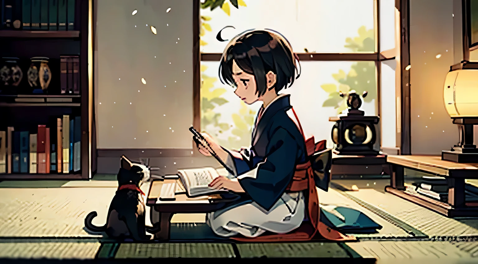 #Quality (intricate-detail、ultra-detailliert:1.2,Masterpiece,cinematic shot),
#night sky (darkness of night,no light),
#one writing boy (16 male、writer,Honor Students、A dark-haired、short-hair、hakama,sit flat),
#black room at night (no light,black cat,books on desk,one candle,pretty tatami,a lot of books,bookshelf)