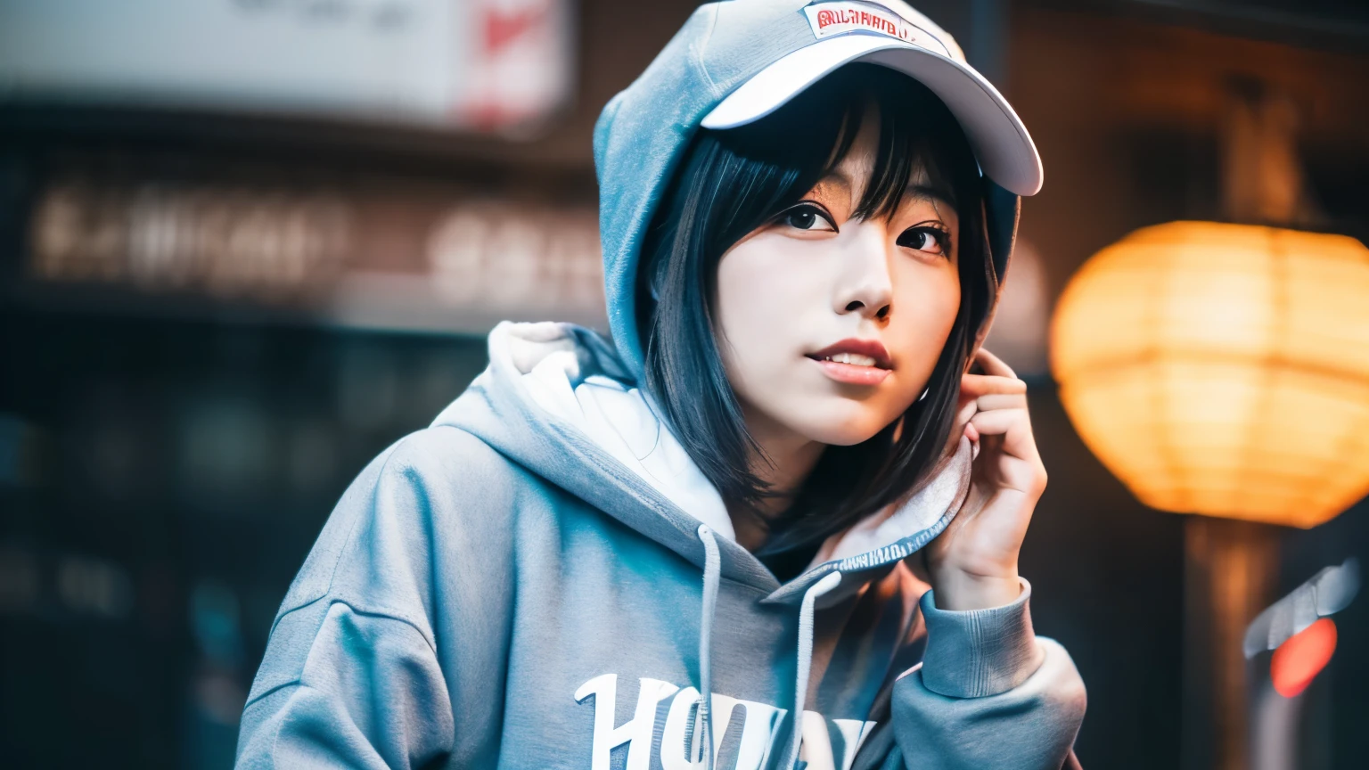 Japanese。woman。rapper。30 years old。wearing a hoodie。