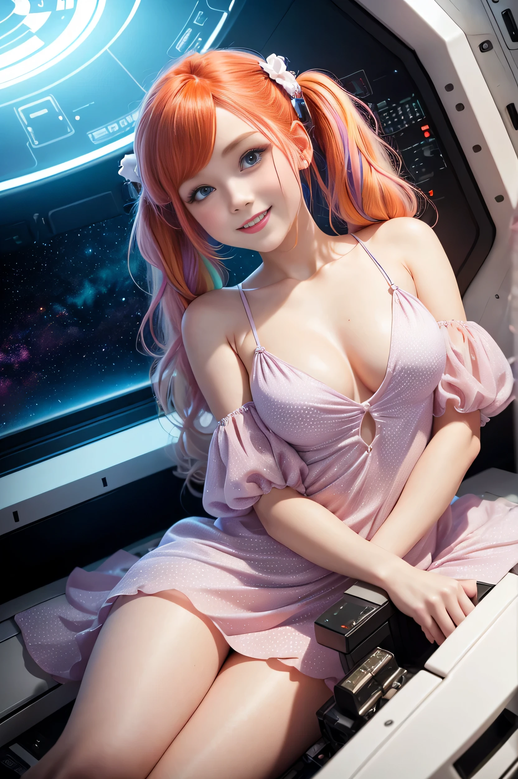 (overhead view) Cute redhead with rainbow colored hair tips, ribbons in her hair, 18-year-old woman, happy, smiling, in twin tails, perfect eyes, clear sparkling blue eyes, pale skin, silky smooth white skin, alabaster skin, flying a fancy metal luxurious space ship, futuristic cockpit, she's a pilot, outer space seen in windows, dark warm lighting, wearing a futuristic (chemise) party dress, low cut top, pleated (chemise) mini dress (pastel rainbow colors, and polka dots), puffy sleeves, silk, pantyhose.