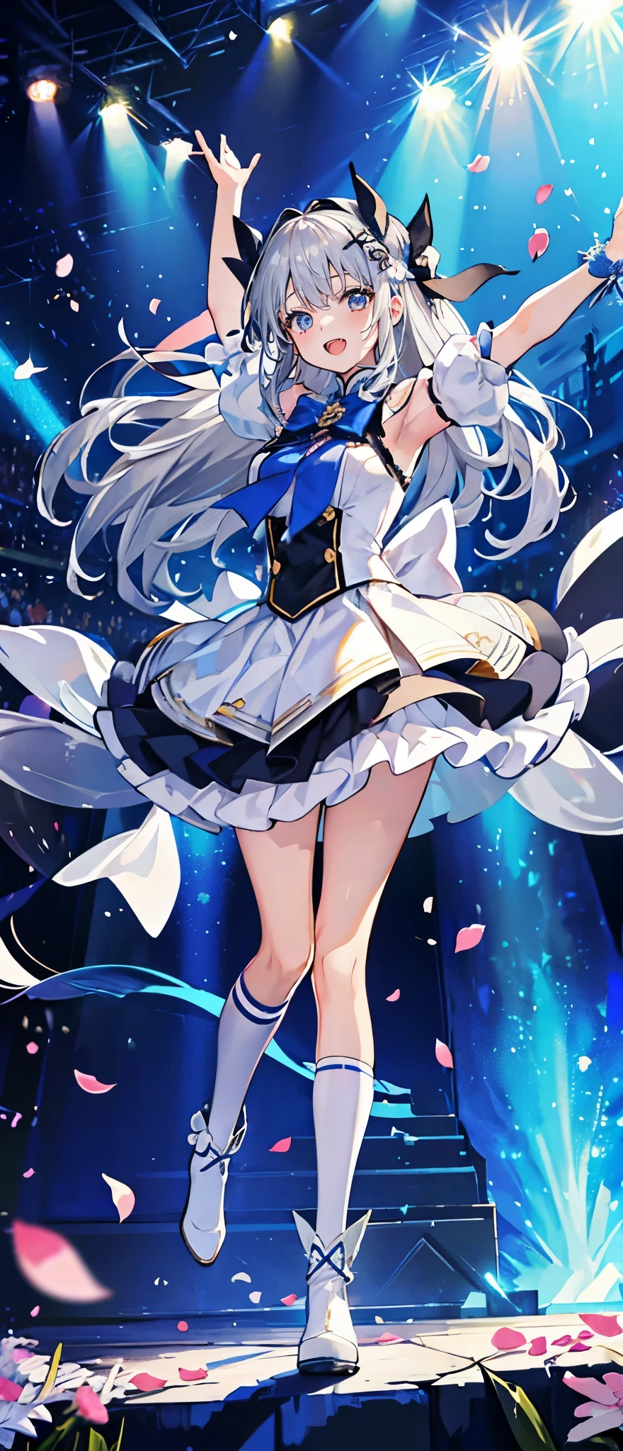 (muste piece), (best quality), very detailed, ((1 girl)), solo full body shot，Viewer&#39;s perspective，dynamic，jump，(smile)，wink，perfect face, beautiful face, very detailedな顔，((white fluffy long hair_silver eyes:1.3))，Gorgeous idol costumes，ruffle skirt，solo idol，ribbon hair ornament，ribbon boots，knee high socks，concert dome，live，have a microphone，singing，smiling with mouth wide open，Laser Light，Spotlight，Lots of confetti、A large amount of petals dance