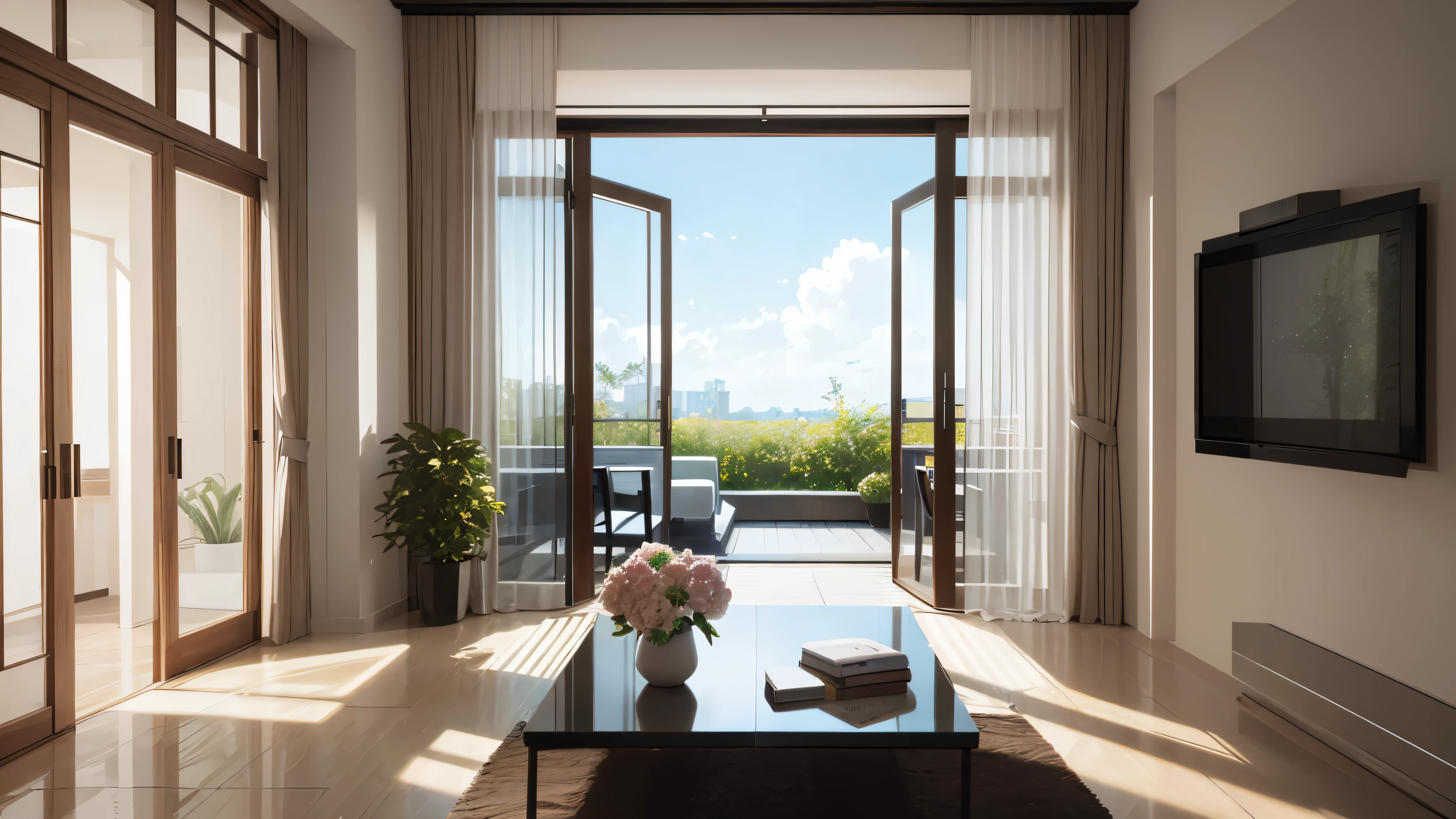 you are a famous interior designer、I was asked to create a 3D image of a large modern room.。. Create a harmonious environment with modern and minimalist furniture. Including garden interior.