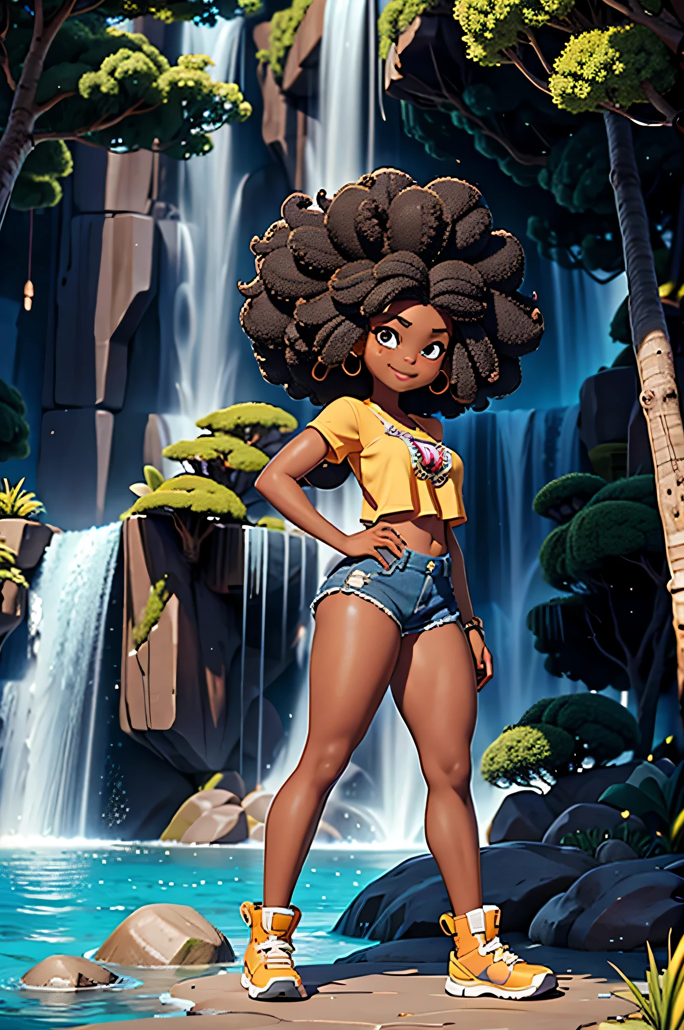 HD, dark skinned, young girl,  8, humanoid, honey, black afro hair, (((afro hair))), Jackie Parris, ((((Jackie Parris)))), full body cgsociety, 3 d character art, full character body, detailed full body concept, stylized character, erotica, ((young girl, 1girl, age), ((complex detailed background, outside, waterfall, bright lighting)), chubby, small, short, action pose, smiling, wearing pirate costume, standing on rock