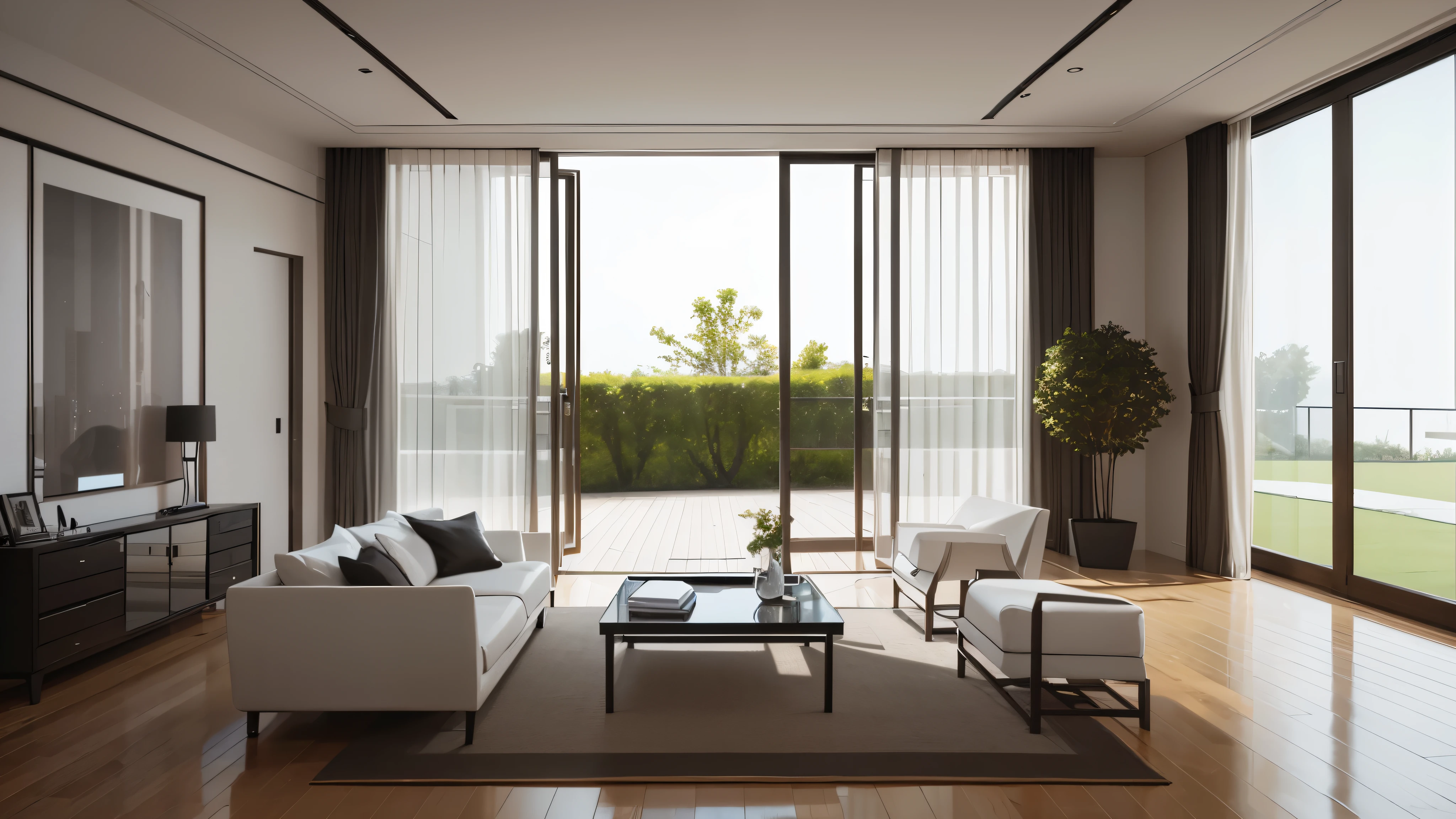 you are a famous interior designer、I was asked to create a 3D image of a large modern room.。. Create a harmonious environment with modern and minimalist furniture. Including garden interior.