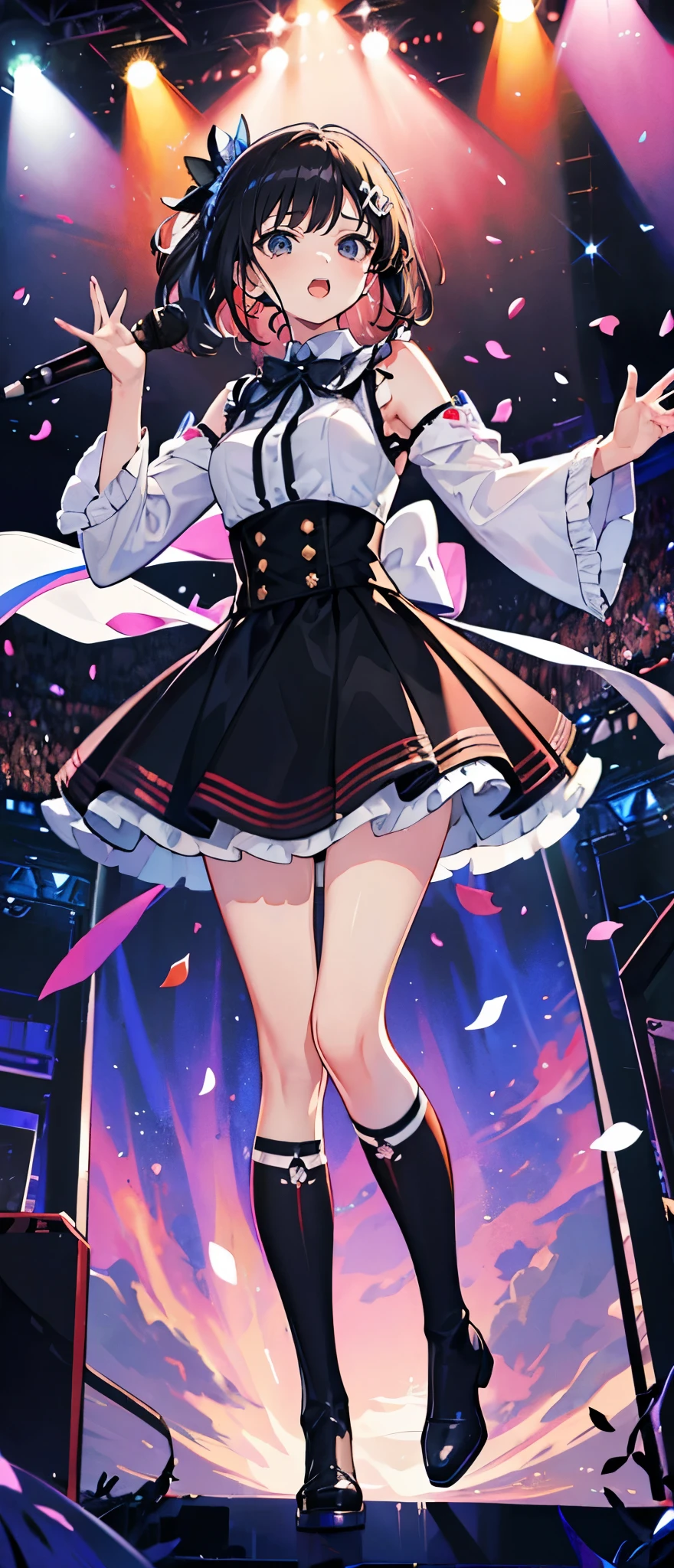 (muste piece), (best quality), very detailed, ((1 girl)), solo full body shot,Viewer's perspective,dynamic,jump,(smile),wink,perfect face, beautiful face, very detailedな顔,((black long straight hair_black eyes:1.3)),Gorgeous idol costumes,ruffle skirt,solo idol,ribbon hair ornament,ribbon boots,knee high socks,concert dome,live,have a microphone,singing,smiling with mouth wide open,Laser Light,Spotlight,Lots of confetti、A large amount of petals dance