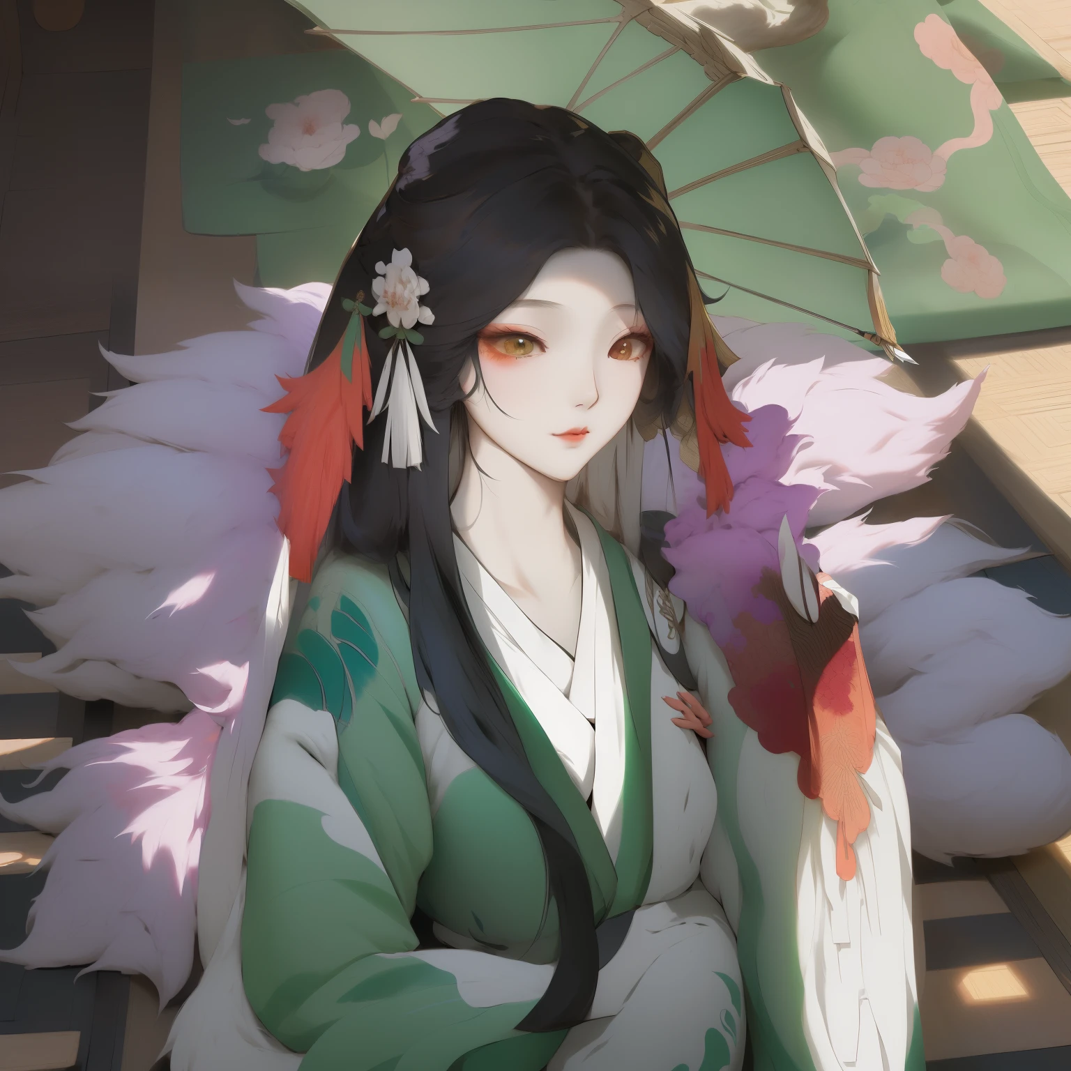 Wear a green kimono、Anime girl with green umbrella and white flowers, palace ， a girl in Hanfu, Inspired by Ma Yuanyu, Hanfu, Hungry Ghost Festival, ☁🌪🌙👩🏾, inspired by Guan Daosheng, beautiful figure painting, Inspired by Huang Ji, guweiz style artwork, full body xianxia