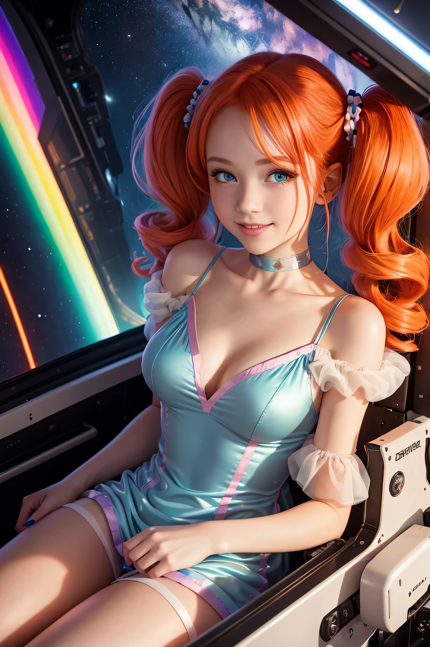 (overhead view) Cute redhead with rainbow colored hair tips, ribbons in her hair, 18-year-old woman, happy, smiling, in twin tails, perfect eyes, clear sparkling blue eyes, pale skin, silky smooth white skin, alabaster skin, flying a fancy metal luxurious space ship, futuristic cockpit, she's a pilot, outer space seen in windows, dark warm lighting, wearing a futuristic (chemise) party dress, low cut top, pleated (chemise) mini dress (pastel rainbow colors, and polka dots), puffy sleeves, silk, pantyhose.