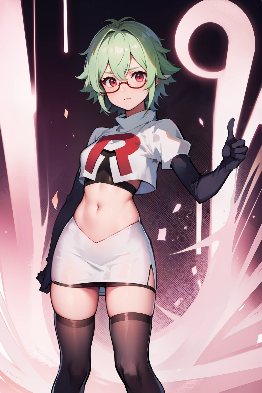 sucrose \(genshin impact\), glasses,team rocket,team rocket uniform, red letter R, white skirt,white crop top,black thigh-highs,black elbow gloves