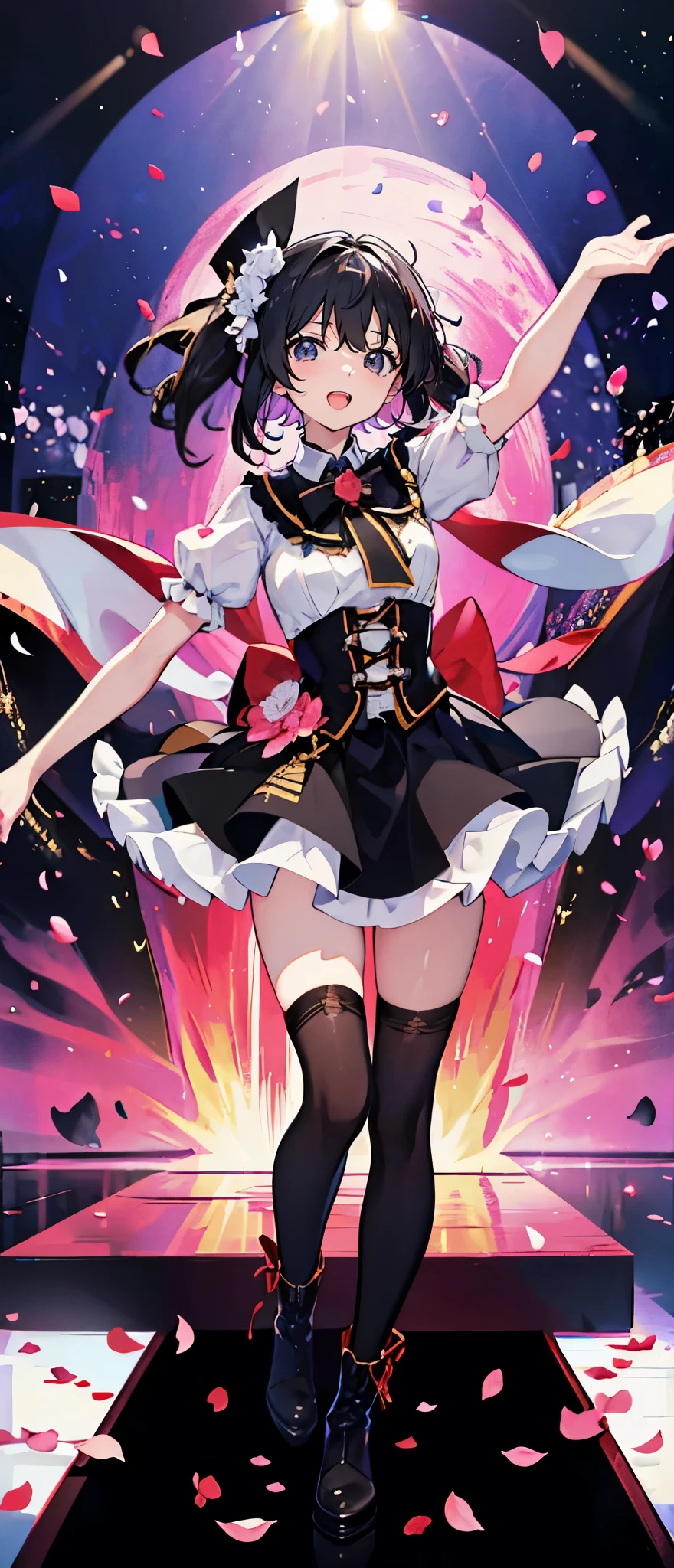 (muste piece), (best quality), very detailed, ((1 girl)), solo full body shot,Viewer's perspective,dynamic,jump,(smile),wink,perfect face, beautiful face, very detailedな顔,((black straight hair_black eyes:1.3)),Gorgeous idol costumes,ruffle skirt,solo idol,ribbon hair ornament,ribbon boots,knee high socks,concert dome,live,have a microphone,singing,smiling with mouth wide open,Laser Light,Spotlight,Lots of confetti、A large amount of petals dance