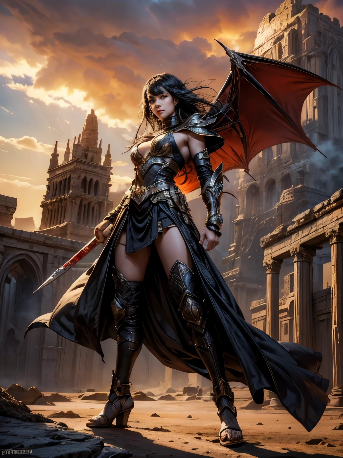 Best quality,masterpiece,ultra high res,1girl,Hero of magic World, beautiful_face,detailed skin,gu,dragon,full body,weapon,black hair,holding weapon,blood,arm guards,male focus,looking at viewer,black eyes,tabi,floating hairfull body,orange,hands up,(masterpiece, best quality, ultra-detailed, best shadow),Ancient City at Sunset, A desert wasteland stretches out before you, a seemingly endless expanse of sand and rock. In the distance, you can see the ruins of an ancient city, its crumbling walls and towering spires a testament to the grandeur of a lost civilization. Strange, mechanical beasts patrol the desert, while sandstorms and electrical storms rage overhead, adding a sense of danger and unpredictability to the scene
