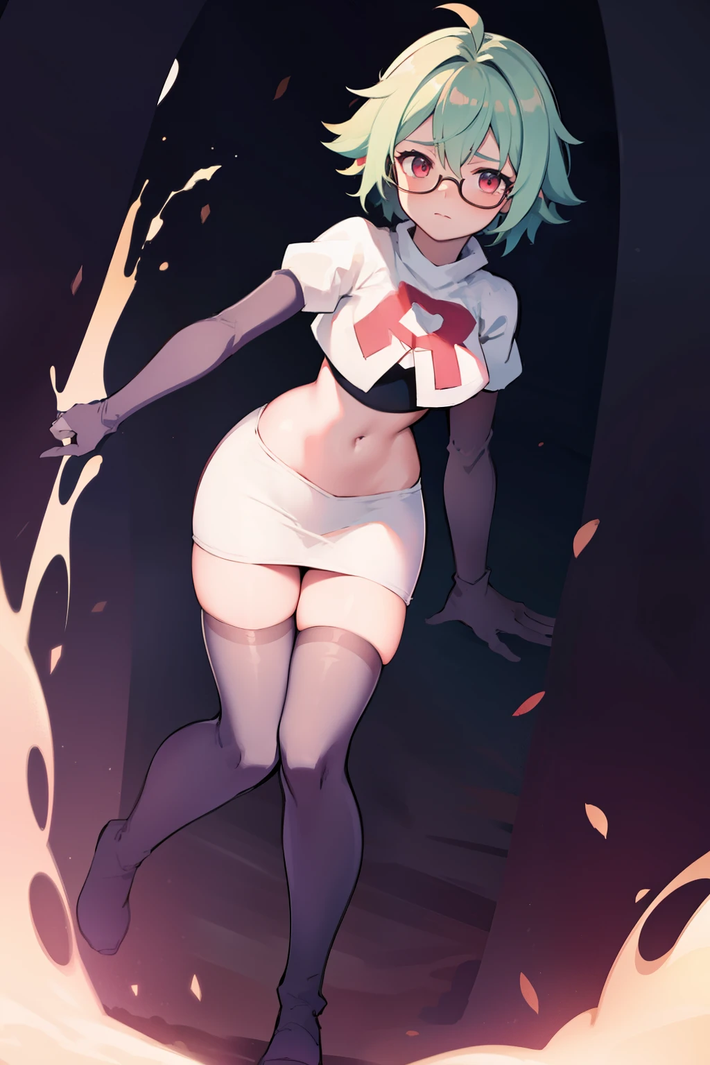 sucrose \(genshin impact\), glasses,team rocket,team rocket uniform, red letter R, white skirt,white crop top,black thigh-highs,black elbow gloves