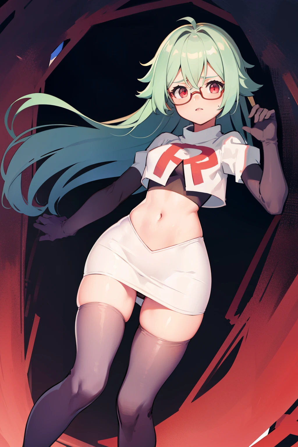 sucrose \(genshin impact\), glasses,team rocket,team rocket uniform, red letter R, white skirt,white crop top,black thigh-highs,black elbow gloves
