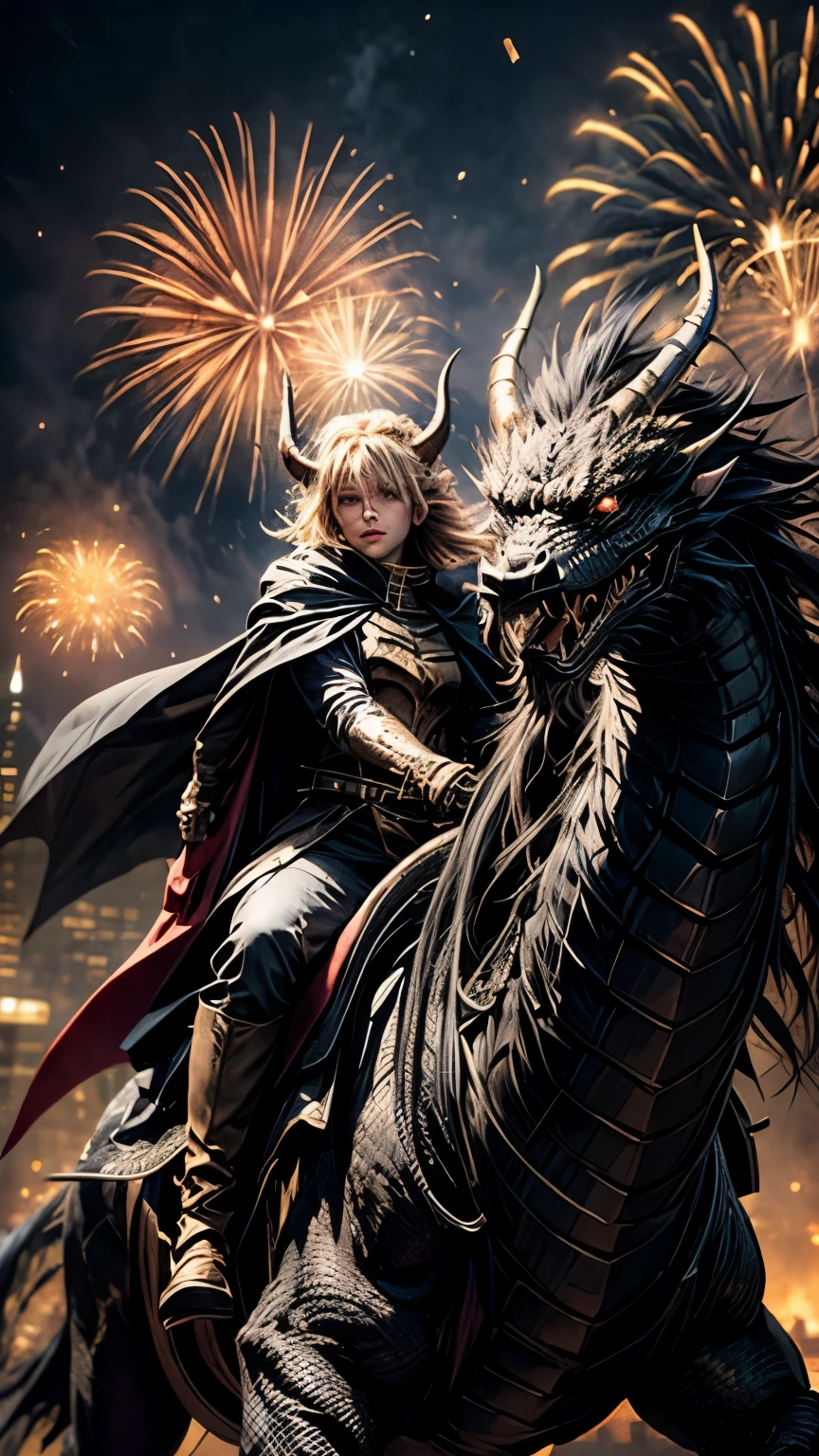 ((best quality, 8k, masterpiece: 1.3)), a Hero of magic World, blue eyes,very detail face,riding a black dragon with two horns,in front of a city ravaged by fireworks, wearing a purple cloak and a black cloak anime character, carrying a Sword, 