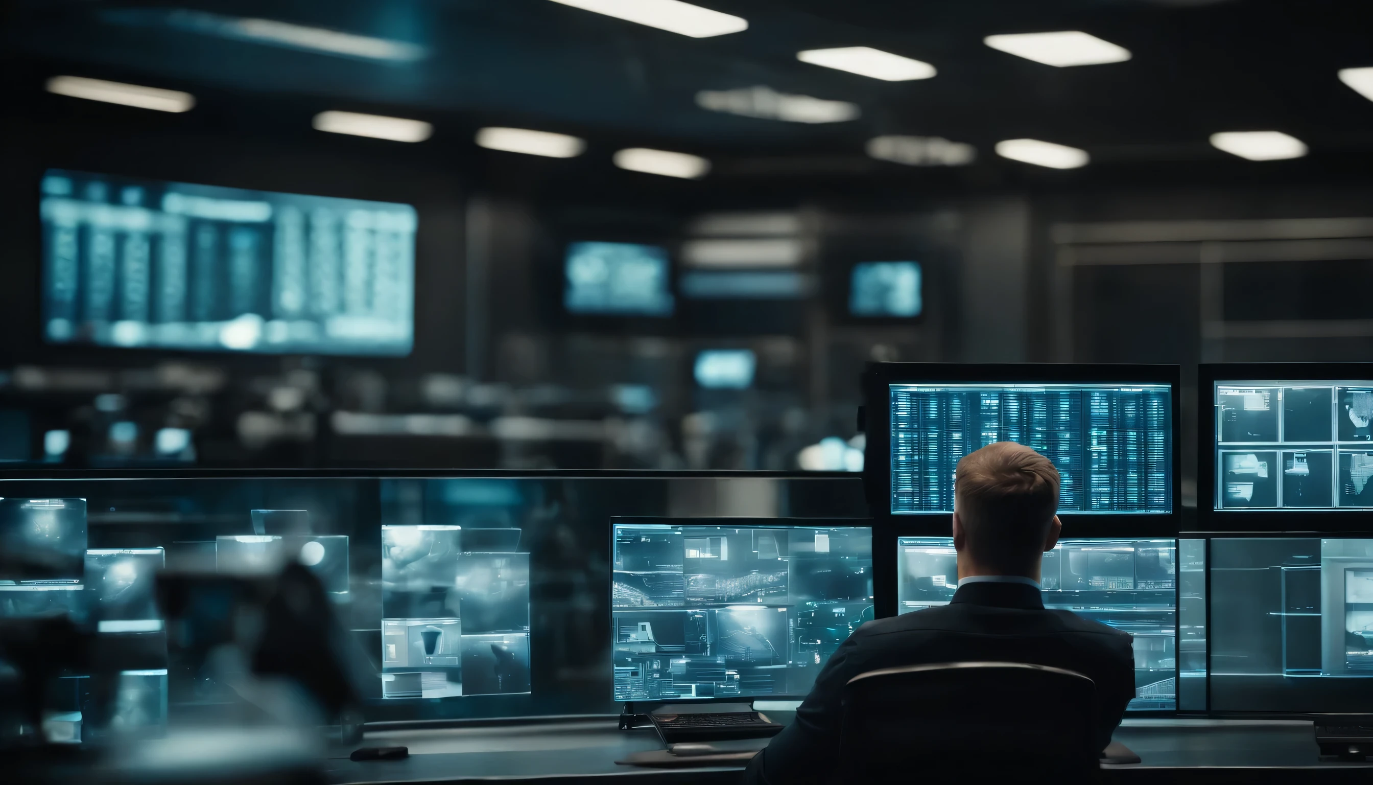 Industry 4.0 Modern Factory: Security Control Room with Multipoke Computer Screens Showing Surveillance Camera Footage Feed. High-Tech Security