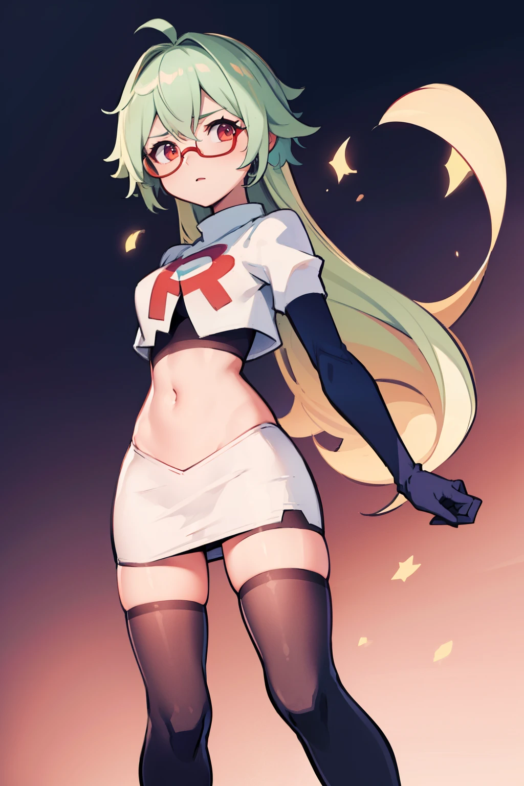 sucrose \(genshin impact\), glasses,team rocket,team rocket uniform, red letter R, white skirt,white crop top,black thigh-highs,black elbow gloves