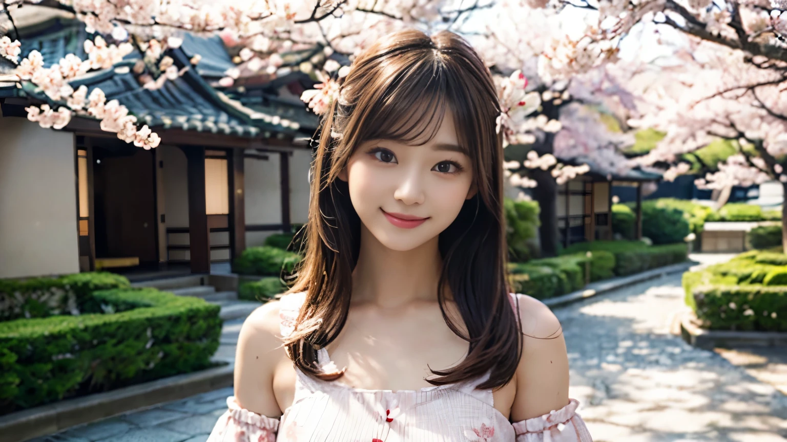 highres, ultra detailed, photorealistic, soft lighting, 1 beautiful Japanese girl, highly detailed beautiful face, straight and medium hair, smile, dress, cherry blossoms garden full of sakura