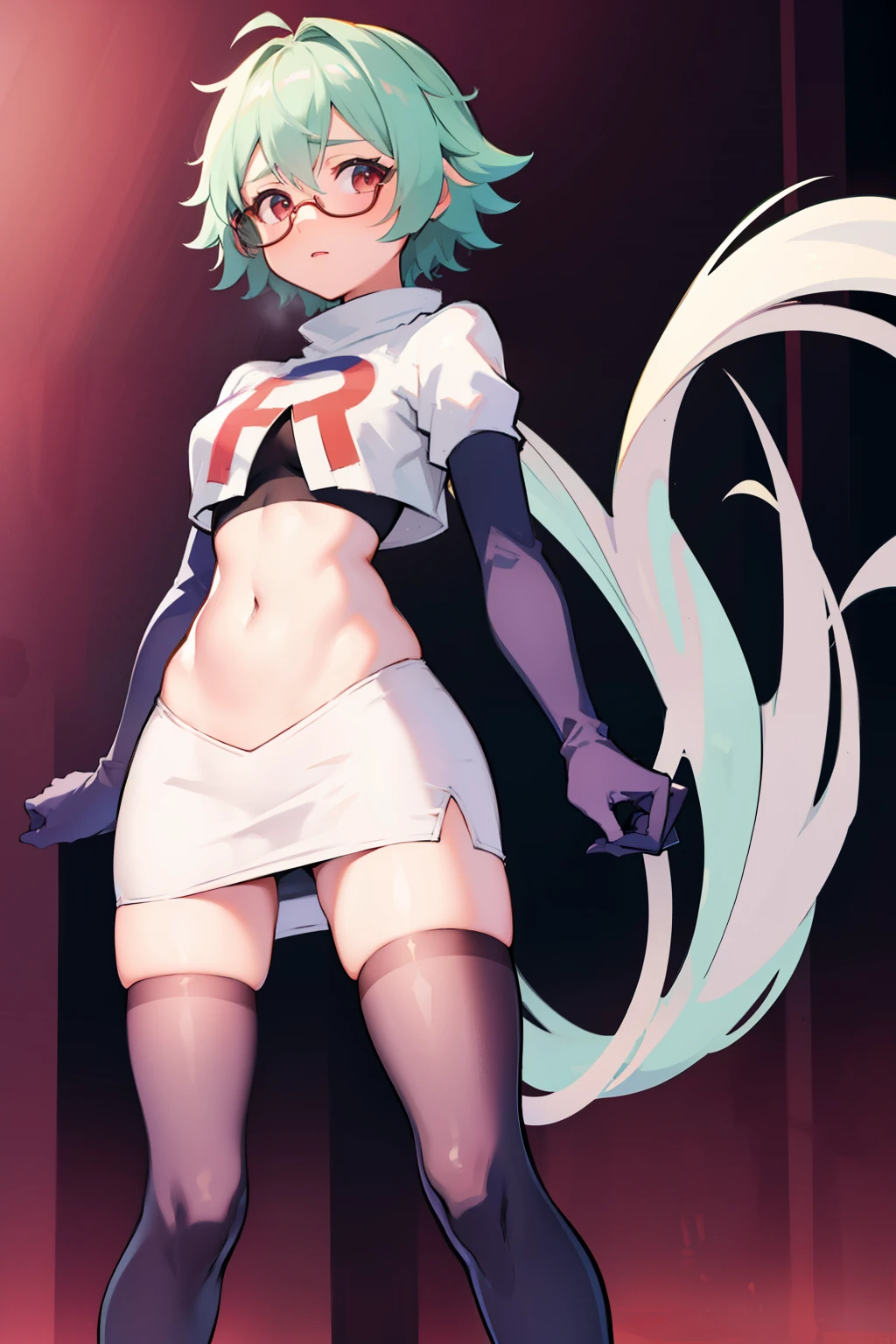 sucrose \(genshin impact\), glasses,team rocket,team rocket uniform, red letter R, white skirt,white crop top,black thigh-highs,black elbow gloves