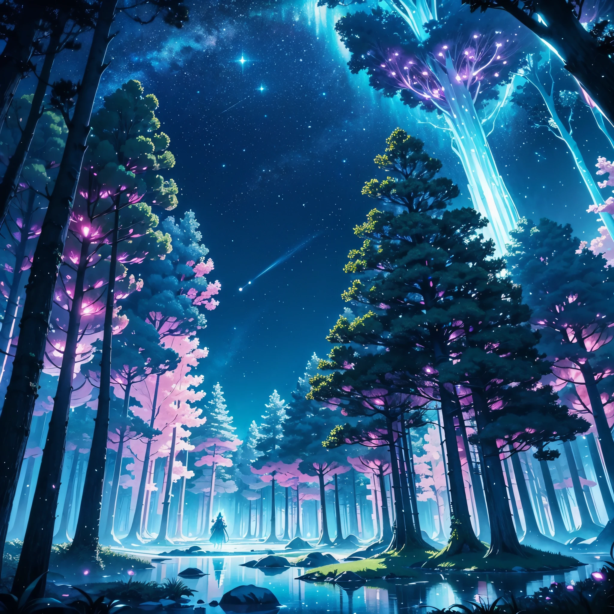 "Create an AI-generated anime landscape set in a magical forest bathed in the soft glow of bioluminescent flora. Envision towering ancient trees, whimsical creatures, and a celestial sky filled with vibrant constellations. Capture the essence of wonder and enchantment in this fantastical natural realm