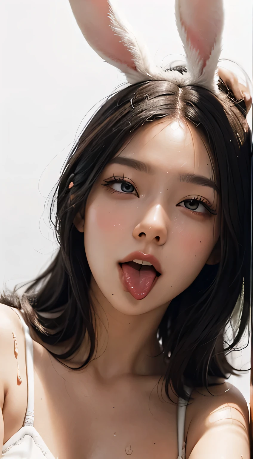 (realistic, photorealistic:1.37)Highly detailed face and skin texture, (fine eyes),very detailed, focus the eyes clearly, nose and mouth,face focus, woman with open mouth and closed eyes, ((Bunny girl))、35 years old,black haired、symmetrical face,realistic nostrils、angle from below、elongated C-shaped nostrils,,,,,,,,,,,,,,,,,,,,,,,,,,,,,,,,,,,,NSFW,white background、sweaty skin、Lighting that emphasizes the skin that shines with sweat、((hook nose))Skin shiny with sweat、shiny skin、(wet and shiny tongue)I have a runny nose only on my upper body.,