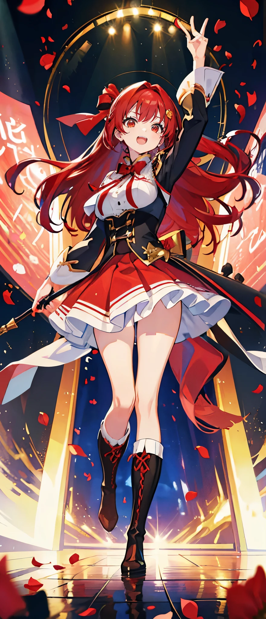 (muste piece), (best quality), very detailed, ((1 girl)), solo full body shot，Viewer&#39;s perspective，dynamic，jump，(smile)，wink，perfect face, beautiful face, very detailedな顔，((red hair long straight hair_red eyes:1.3))，Gorgeous idol costumes，ruffle skirt，solo idol，ribbon hair ornament，ribbon boots，knee high socks，concert dome，live，have a microphone，singing，smiling with mouth wide open，Laser Light，Spotlight，Lots of confetti、A large amount of petals dance