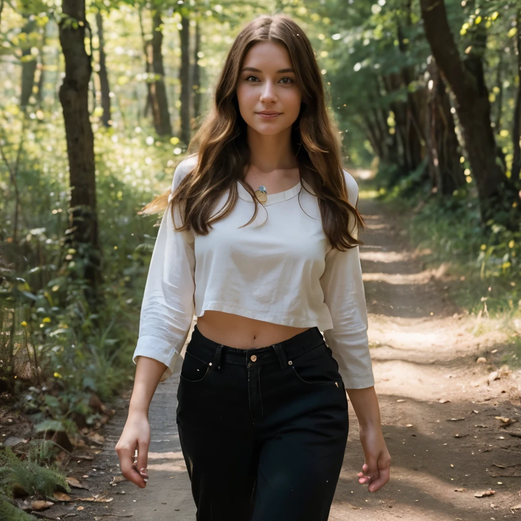Beautiful Women, age 28, hair color: Brunette with blonde, height: 170cm, 8k, ultrarealistic, Masterpiece, is taking a walk in the woods, summer day, alternativ girl, hippie girl, she is barefoot, wears long low waisted pants, top is black, cute face, smile, oval face, full body shot, details of face, 60s vibe, hippiegirl, colorful outfit, Hillibillie-Mädchen, feet