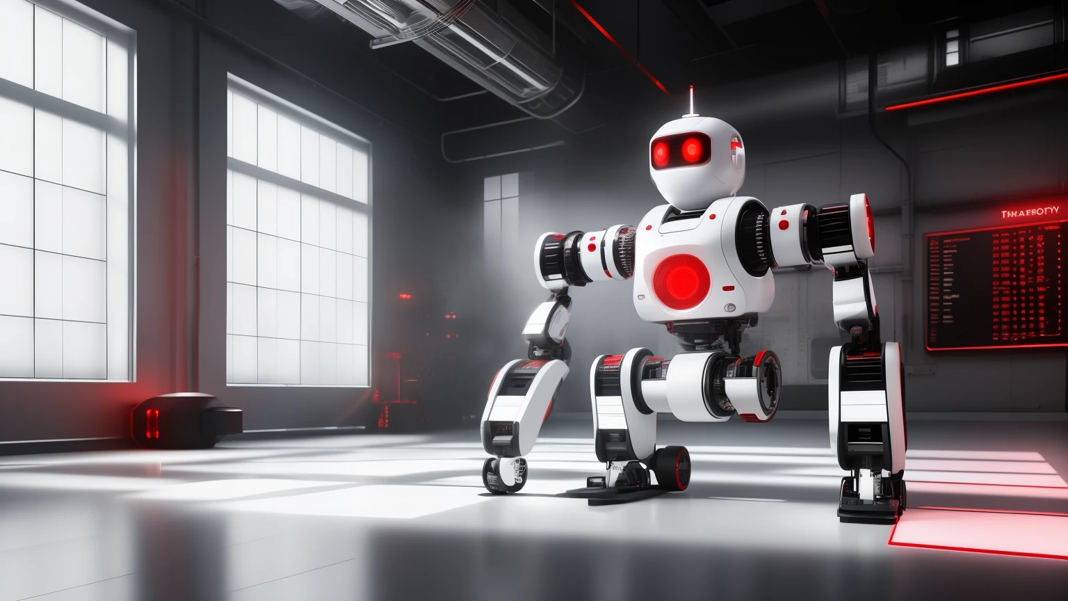 white future technology, white background, technology class, robot, red, 3d, magic, education,  Full HD, 4K hyperrealistic image,