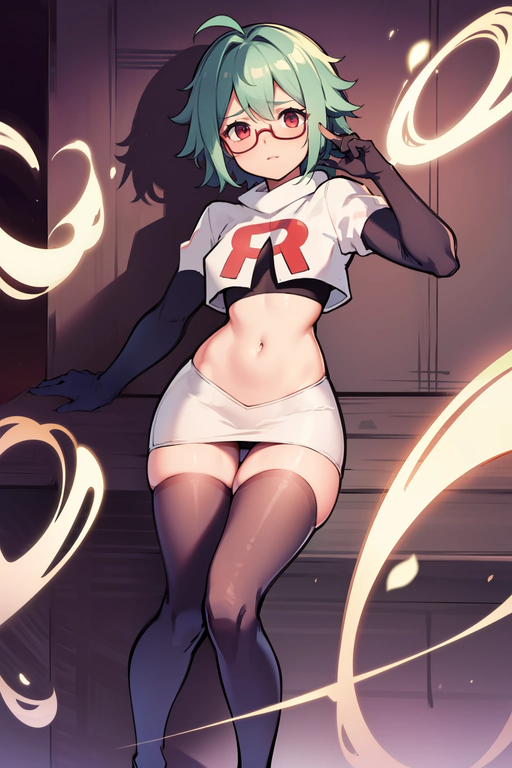 sucrose \(genshin impact\), glasses,team rocket,team rocket uniform, red letter R, white skirt,white crop top,black thigh-highs,black elbow gloves