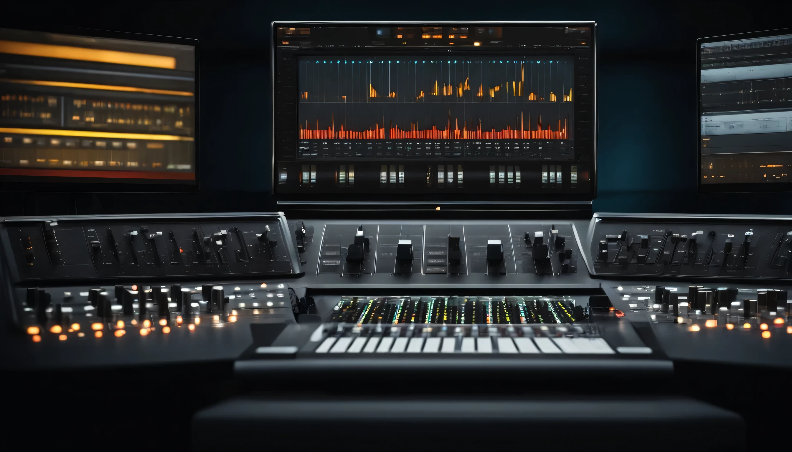 Modern Music Record Studio Control Desk with Laptop Screen Showing User Interface of Digital Audio Workstation Software. Equalizer, Mixer and Professional Equipment. Faders, Sliders. Record. Close-up.