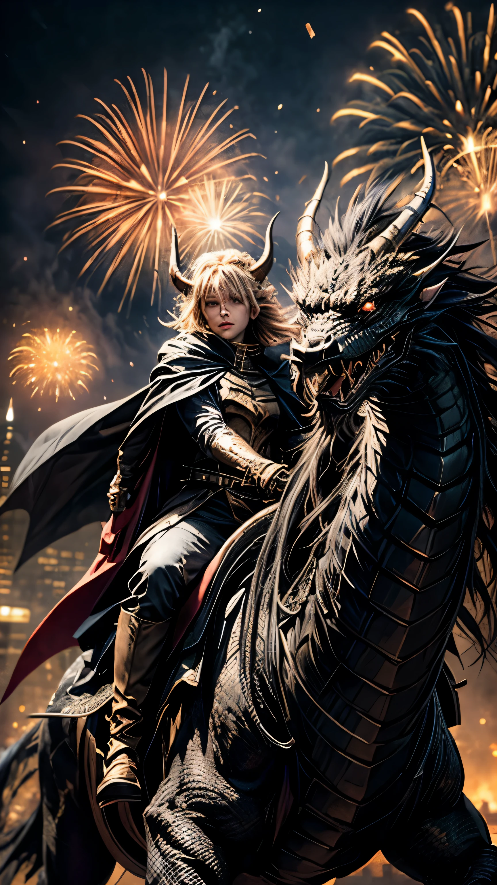 ((best quality, 8k, masterpiece: 1.3)), heroes of the wizarding world, blue eyes,Very detailed face,Riding a black dragon with two horns,In front of a city ravaged by fireworks, Anime character wearing purple cloak and black cloak, carry sword, 