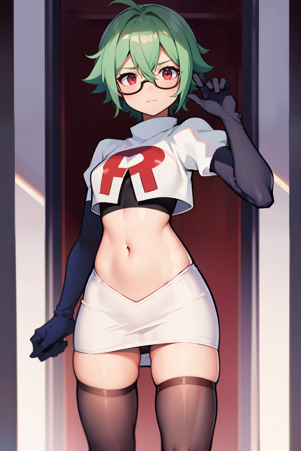 sucrose \(genshin impact\), glasses,team rocket,team rocket uniform, red letter R, white skirt,white crop top,black thigh-highs,black elbow gloves
