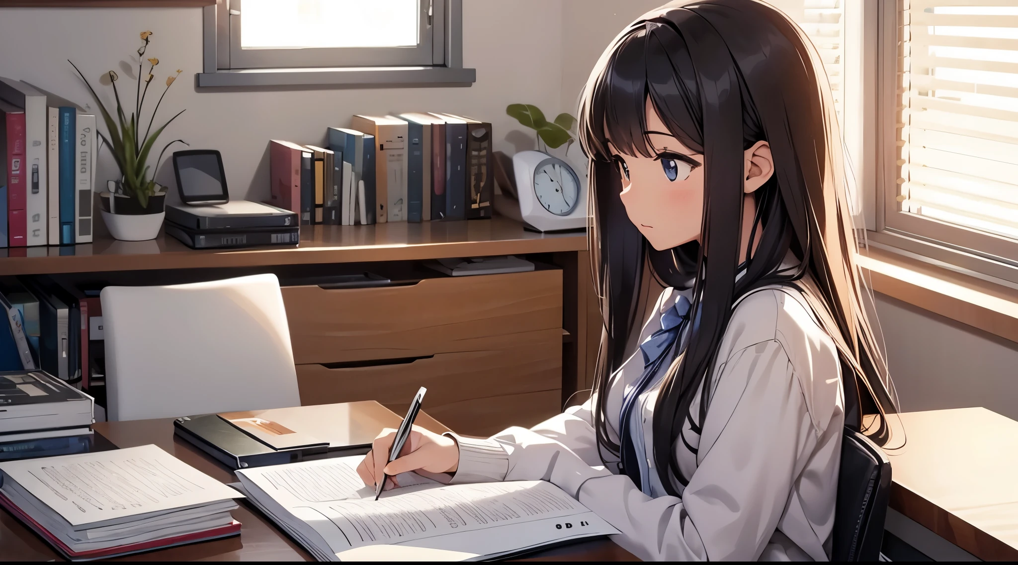 Side view illustration of a cute high school girl with long hair studying at her desk in her room