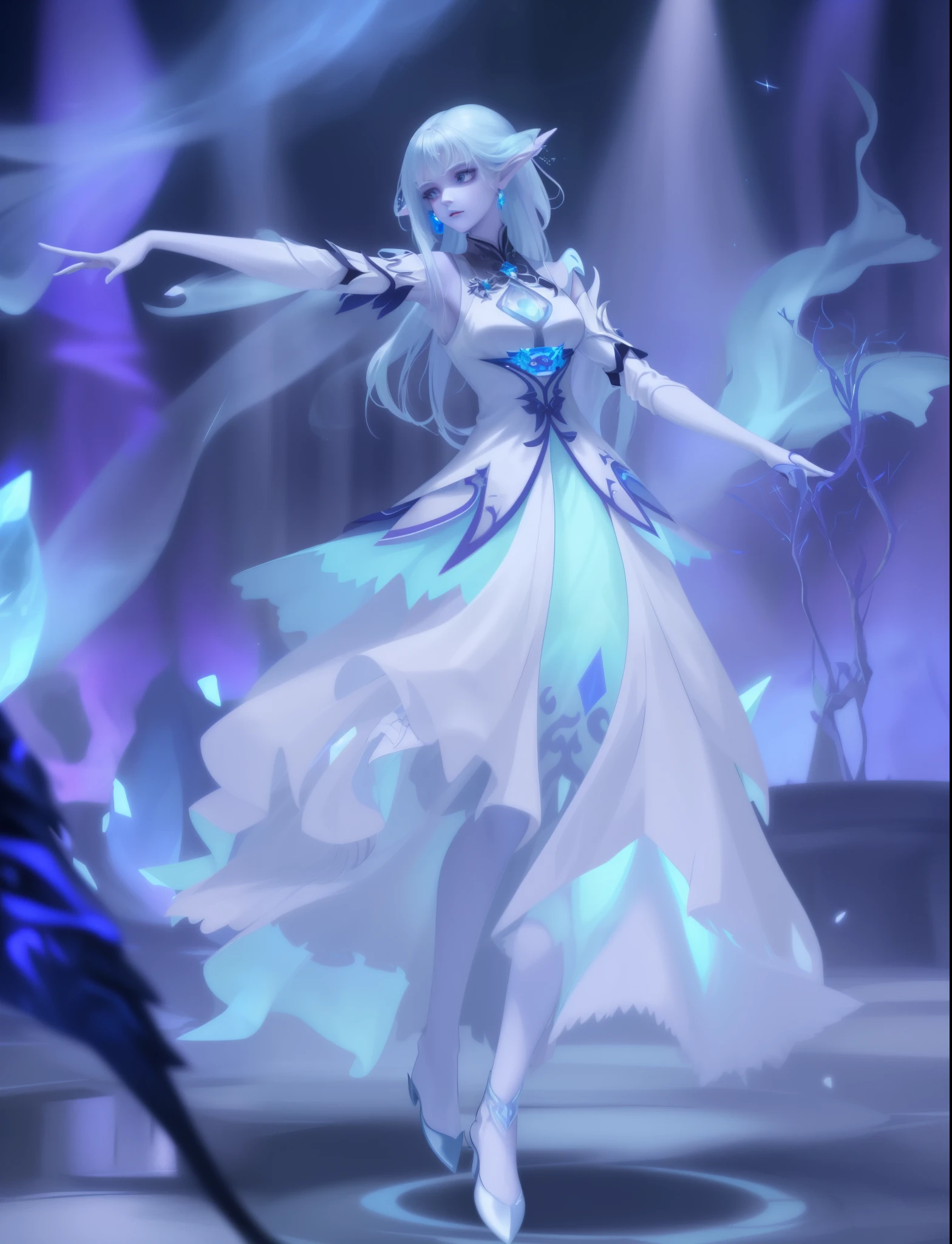 There is a woman in a skirt standing on the stage, Beautiful ancient frost witch, ethereal fantasy, Popular topics on cgstation, Astral Witch Clothes, ethereal essence, she is dancing. actual, Astral Fairy, fantasy dress, Ethereal fairy tale, ice witch, full body xianxia, This character has the ability to freeze, The witch who casts the ice ball