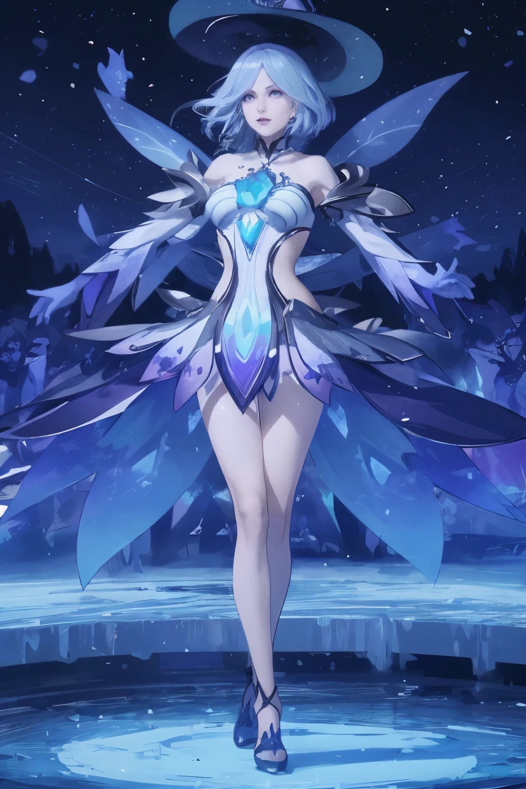 There is a woman in a skirt standing on the stage, Beautiful ancient frost witch, ethereal fantasy, Popular topics on cgstation, Astral Witch Clothes, ethereal essence, she is dancing. actual, Astral Fairy, fantasy dress, Ethereal fairy tale, ice witch, full body xianxia, This character has the ability to freeze, The witch who casts the ice ball
