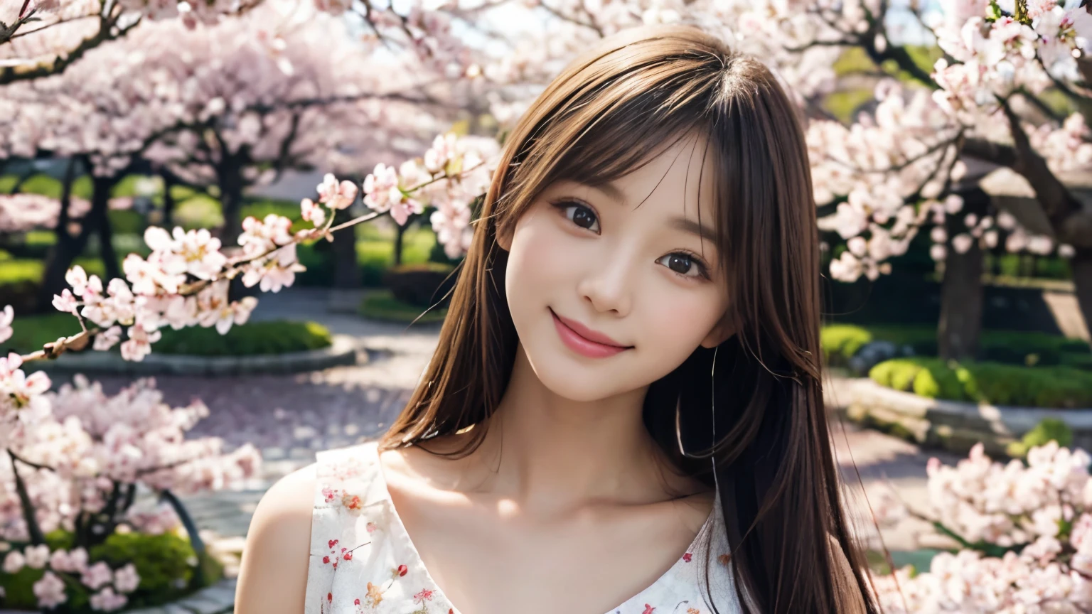 highres, ultra detailed, photorealistic, soft lighting, 1 beautiful Japanese girl, highly detailed beautiful face, straight and medium hair, smile, dress, cherry blossoms garden full of sakura