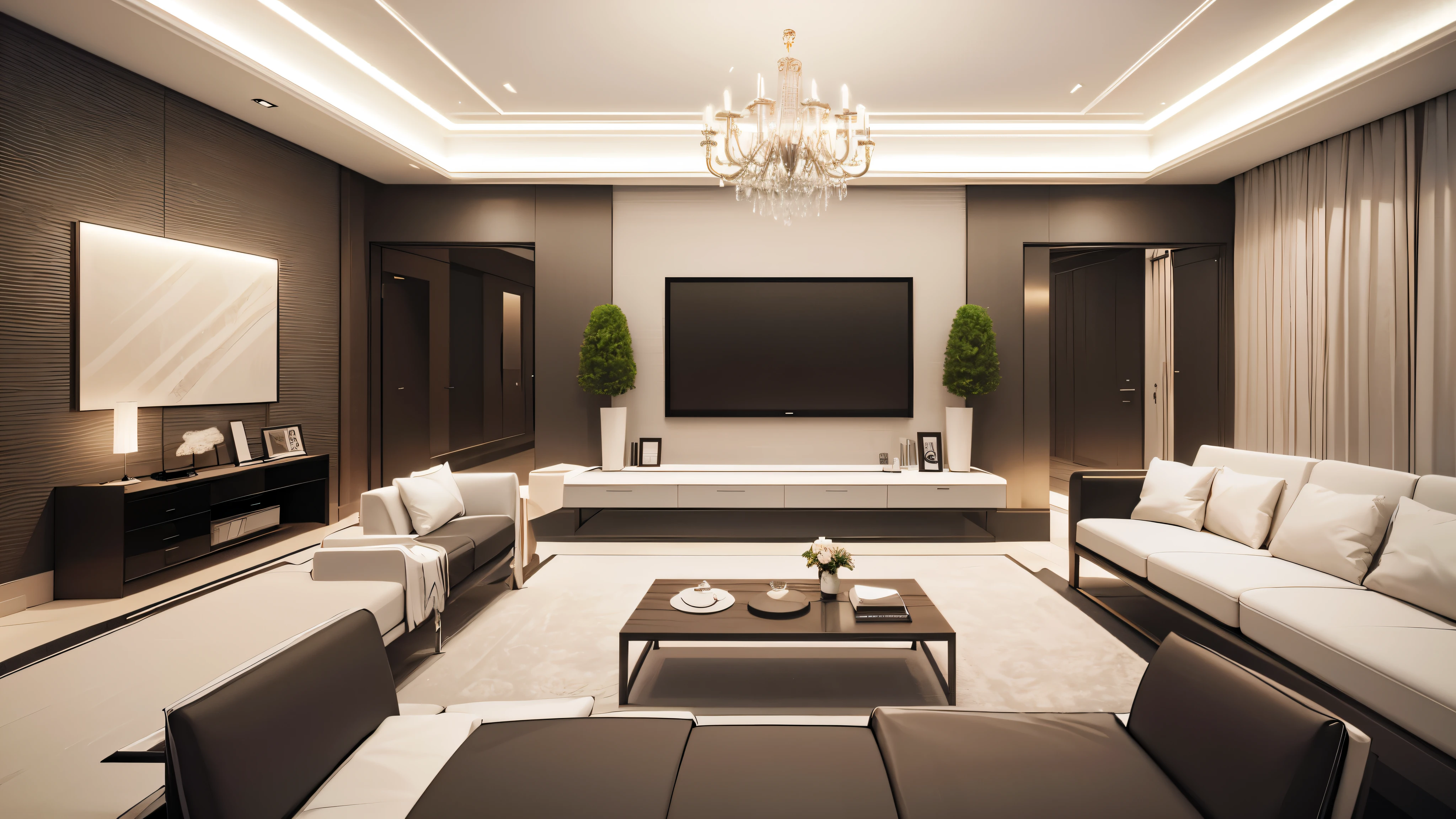 you are a famous interior designer、I was asked to create a 3D image of a large modern room.。. Create a harmonious environment with modern and minimalist furniture. Including garden interior.