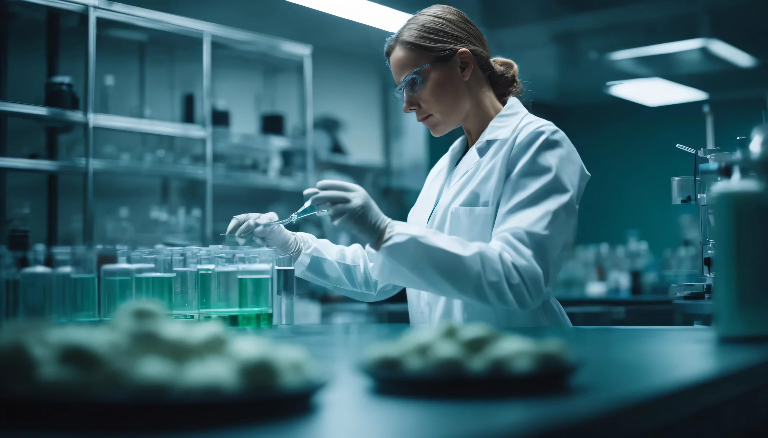 In a Secure High Level Laboratory Scientists in a Coverall Conducting a Research. Chemist Adjusts Samples in a Petri Dish with Pincers.
