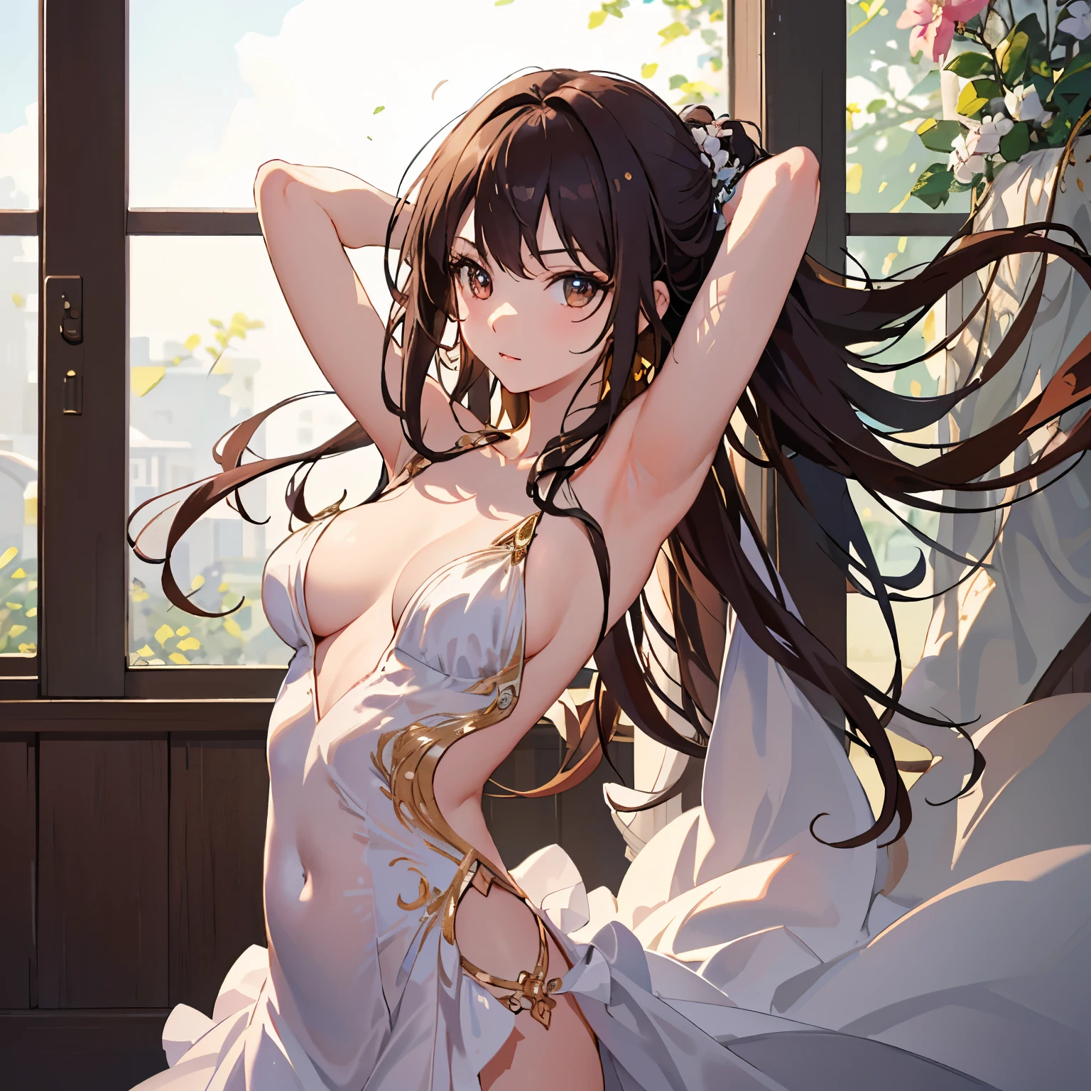 High-quality masterpiece, Anime scene, solo girl, naked armpit revealed, intricately detailed body art, realistic and ultra-detailed, shiny skintone, slight blush, long and flowing dark hair, expressive and beautiful large eyes with subtle shading, sharp focus, captivating and delicate, 16:9 aspect ratio, in the style of renowned anime artist, depth of field, sensual and natural, soft lightning, subtle realism, 4K resolution.