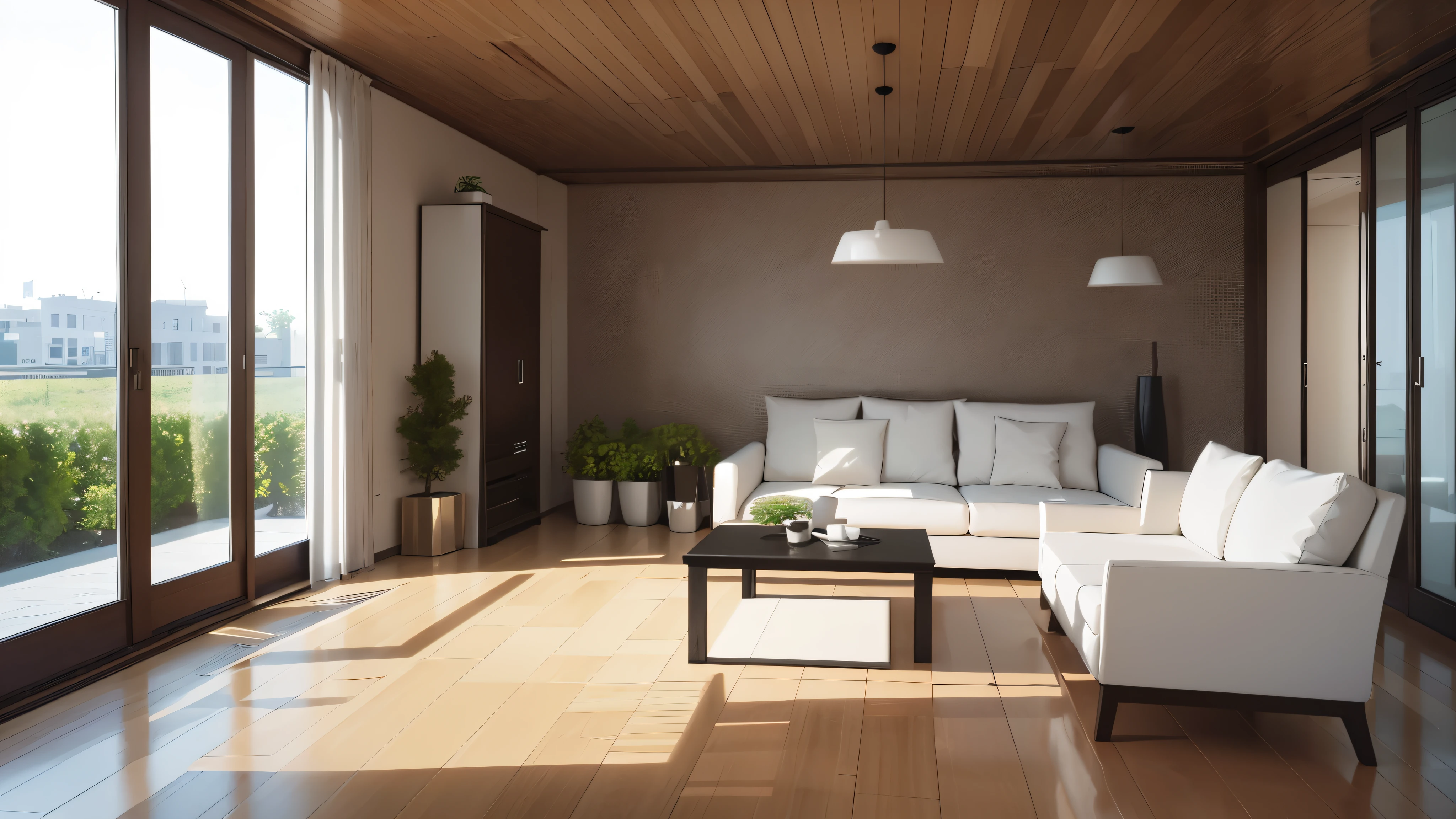 you are a famous interior designer、I was asked to create a 3D image of a large modern room.。. Create a harmonious environment with modern and minimalist furniture. Including garden interior.