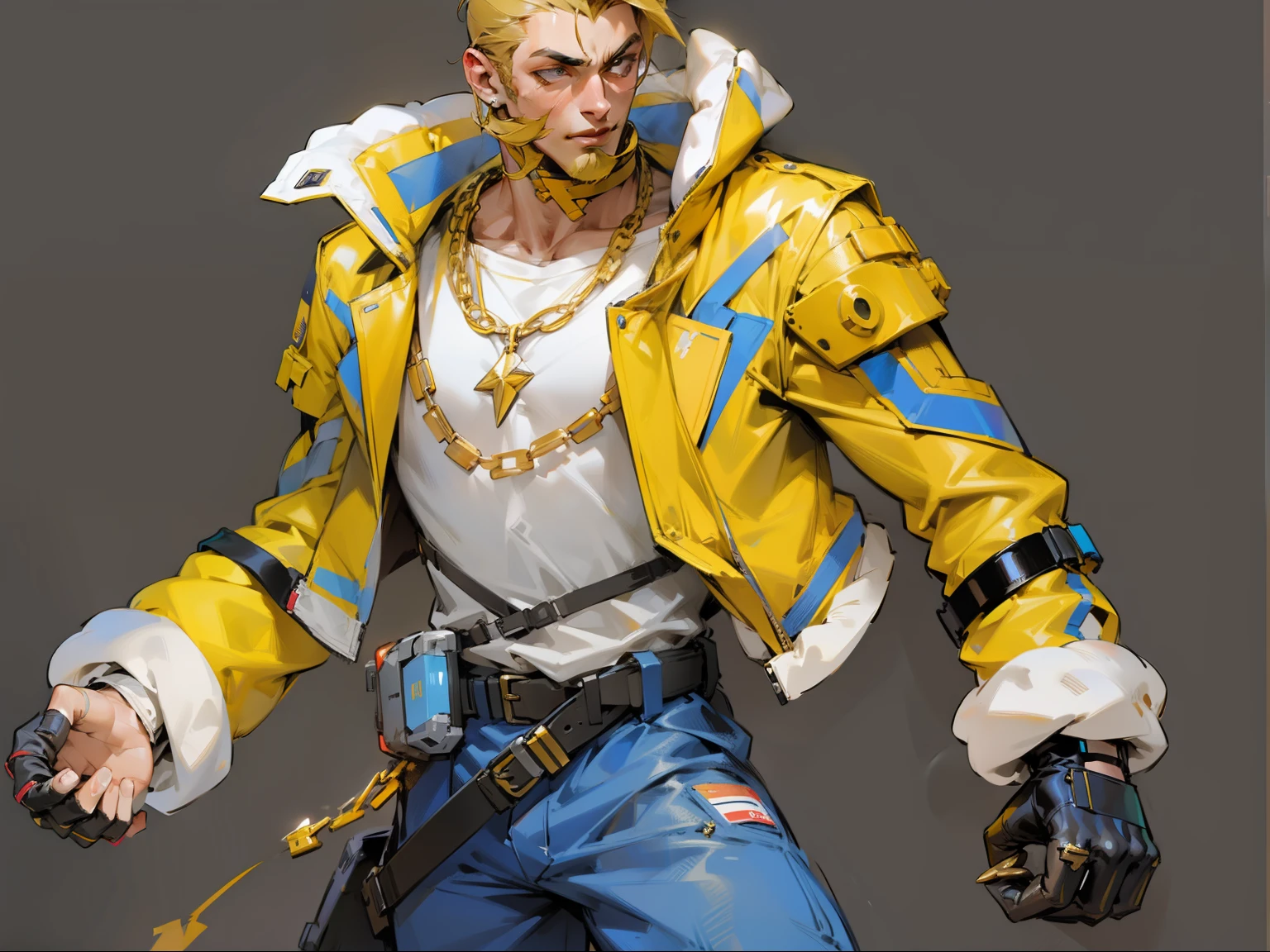 cyberpunk,handsome man,Performance jacket,Wear a gold necklace