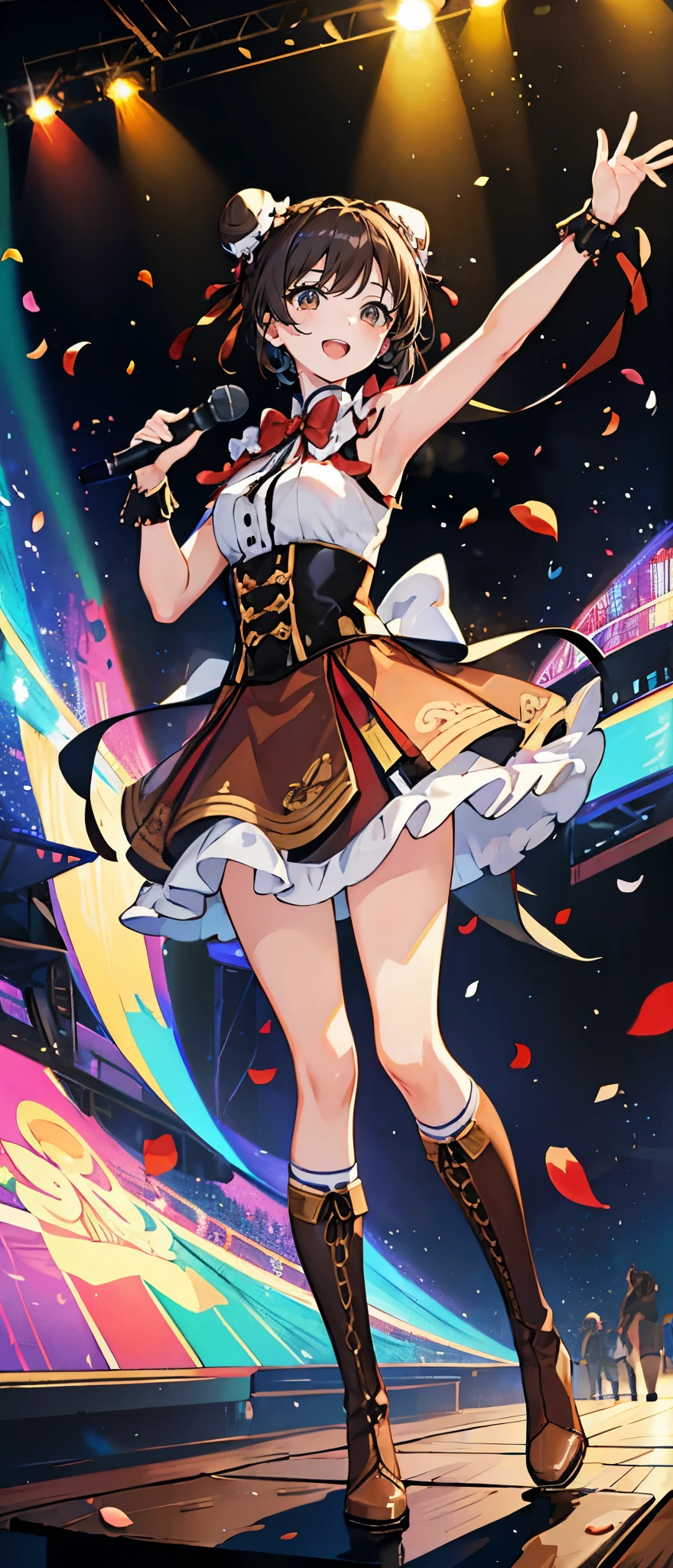 (muste piece), (best quality), very detailed, ((1 girl)), solo full body shot,Viewer's perspective,dynamic,jump,(smile),wink,perfect face, beautiful face, very detailedな顔,((Brown hair bun hair_brown eyes:1.3)),Gorgeous idol costumes,ruffle skirt,solo idol,ribbon hair ornament,ribbon boots,knee high socks,concert dome,live,have a microphone,singing,smiling with mouth wide open,Laser Light,Spotlight,Lots of confetti、A large amount of petals dance