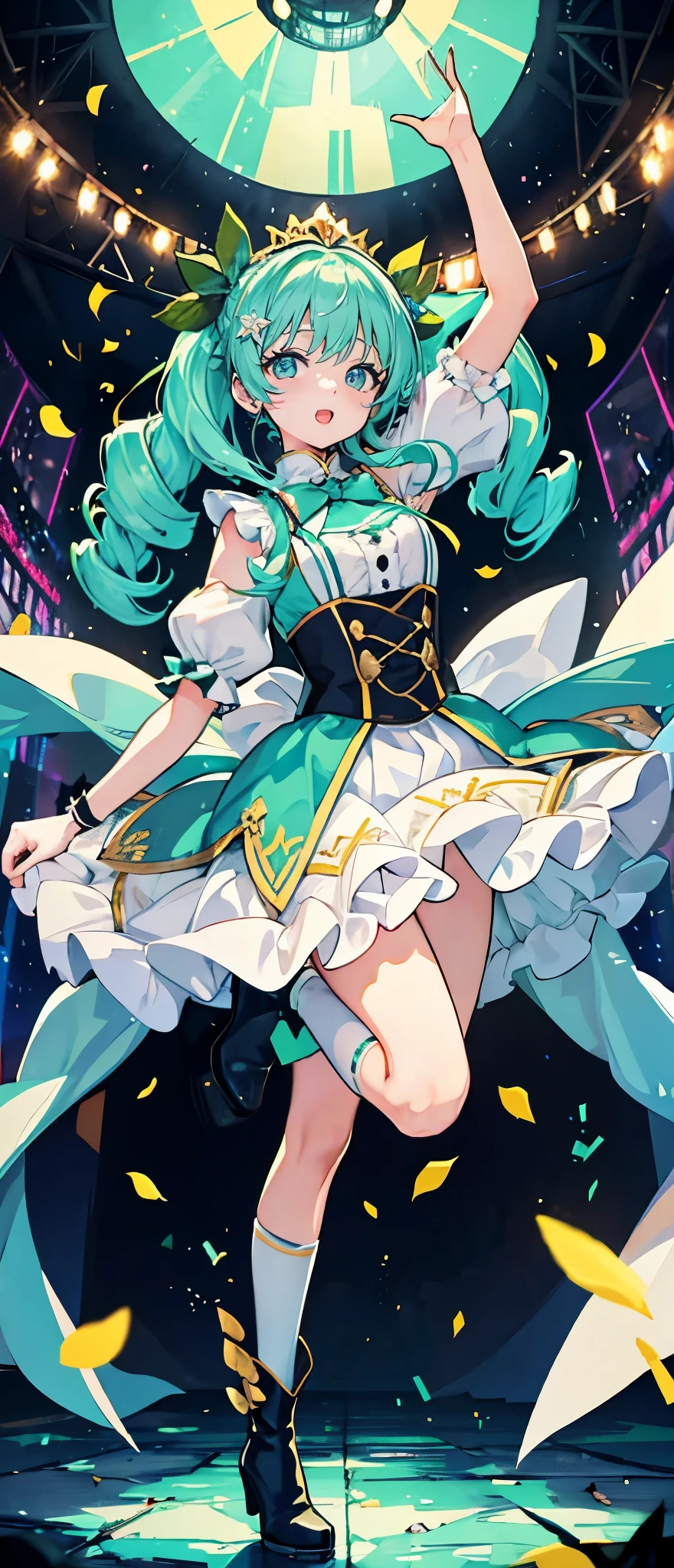 (muste piece), (best quality), very detailed, ((1 girl)), solo full body shot,Viewer's perspective,dynamic,jump,(smile),wink,perfect face, beautiful face, very detailedな顔,((mint hair long curl hair_Mint-colored eyes:1.3)),Gorgeous idol costumes,ruffle skirt,solo idol,ribbon hair ornament,ribbon boots,knee high socks,concert dome,live,have a microphone,singing,smiling with mouth wide open,Laser Light,Spotlight,Lots of confetti、A large amount of petals dance