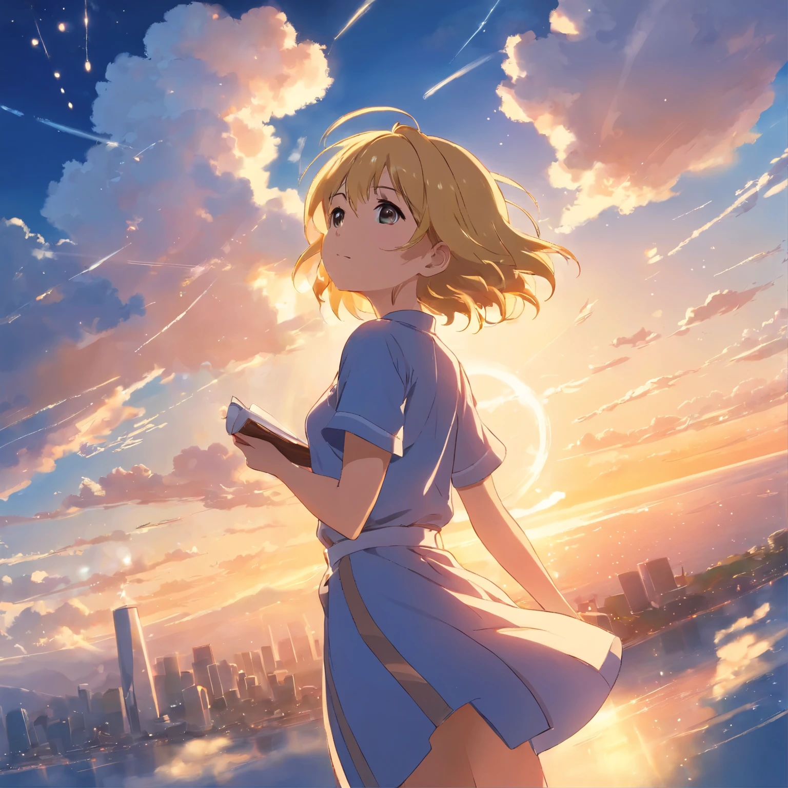 masterpiece, highest quality, movie stills, 1 girl, golden hair, tableware holder, Cloud Girl, floating in the sky, close, shining, Happy, warm and soft lighting, sunset, (spark:0.7)