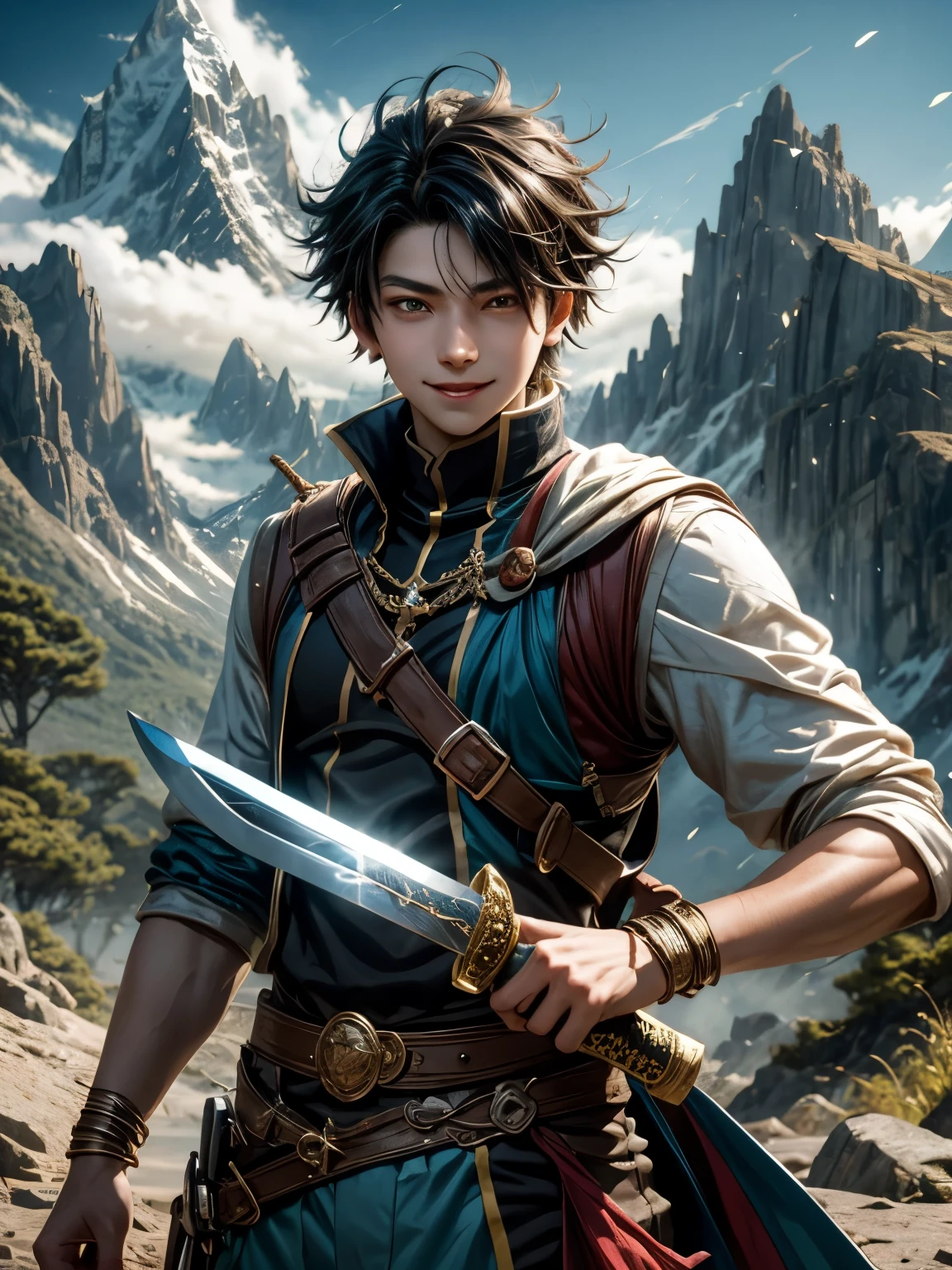 a portrait of a teenage anime boy, with a fit and athletic body, hero of a magic world honored by the citizens of his kingdom, very detail face,carrying a Sword,adventure attire, isekai, happy expression full of life, cheerful, mountains in the background,