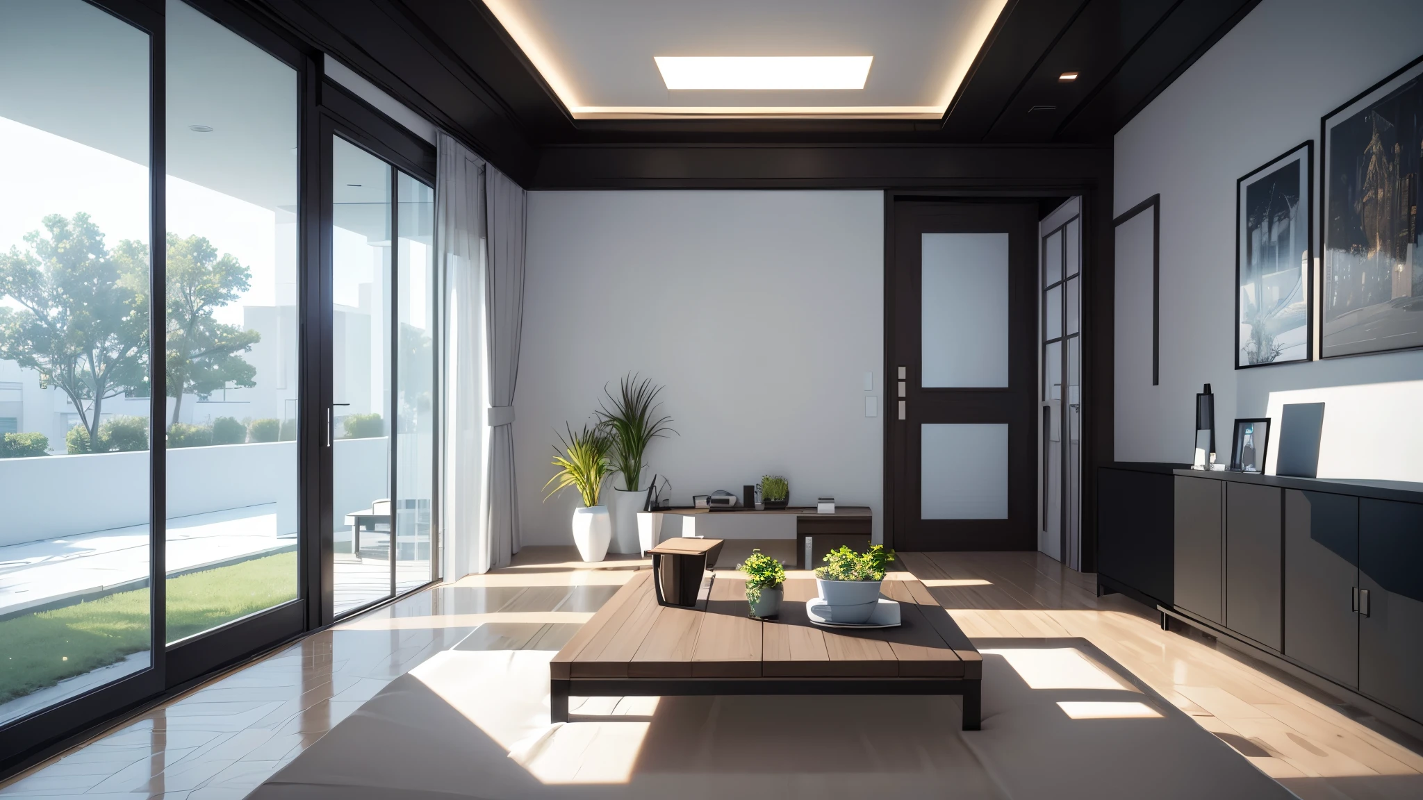 you are a famous interior designer、I was asked to create a 3D image of a large modern room.。. Create a harmonious environment with modern and minimalist furniture. Including garden interior.