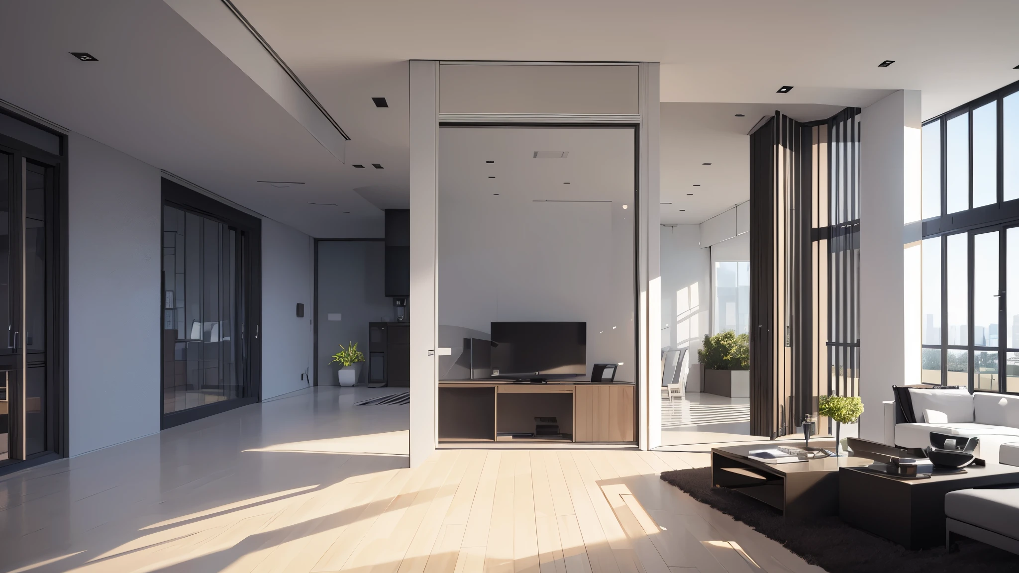 you are a famous interior designer、I was asked to create a 3D image of a large modern room.。. Create a harmonious environment with modern and minimalist furniture. Including garden interior.