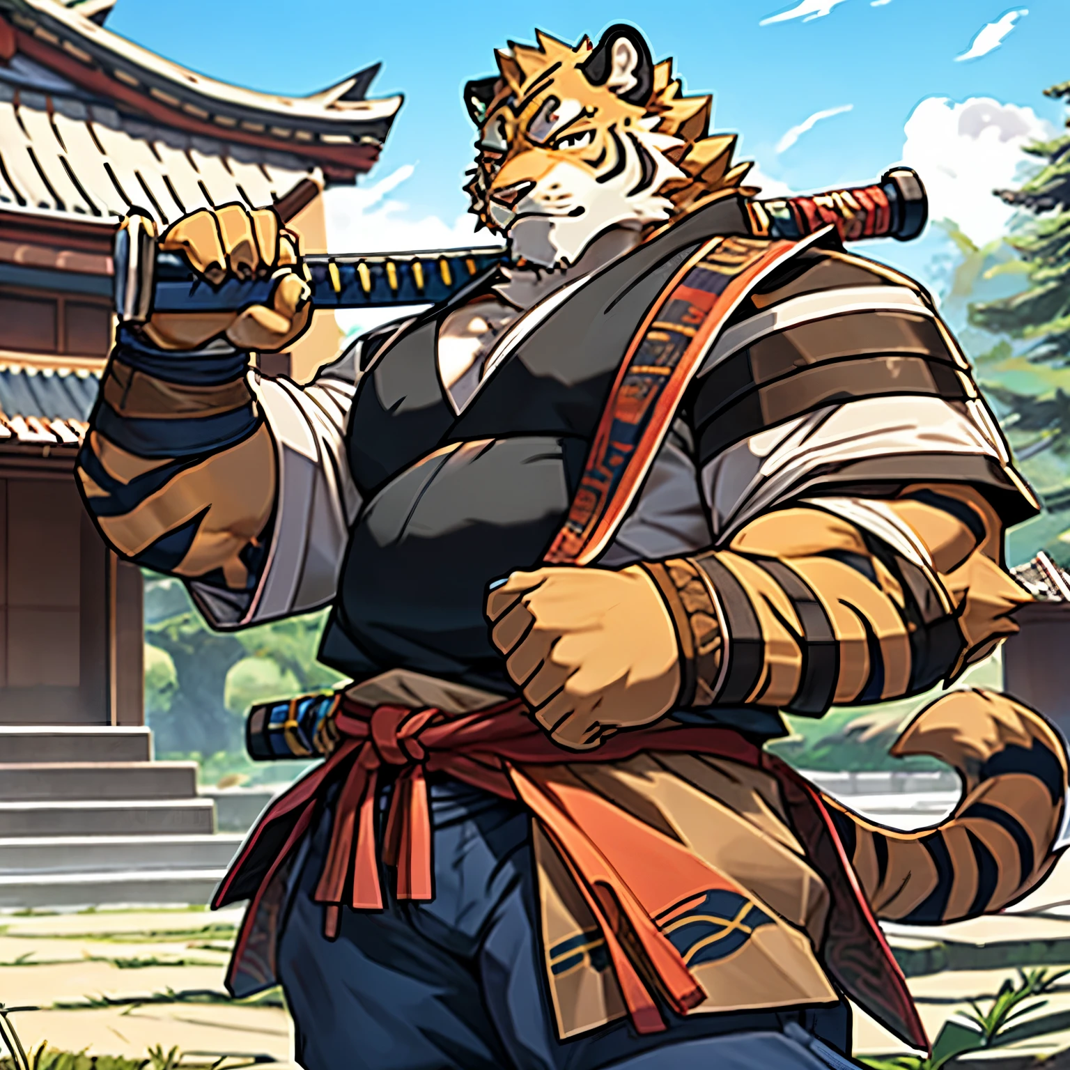 lin hu，muscle，chubby，Wearing a katana，Potbellied，plump and firm，Wearing a katana，samurai style，Carrying a sword，five fingers，Own，Put your hands in your pockets