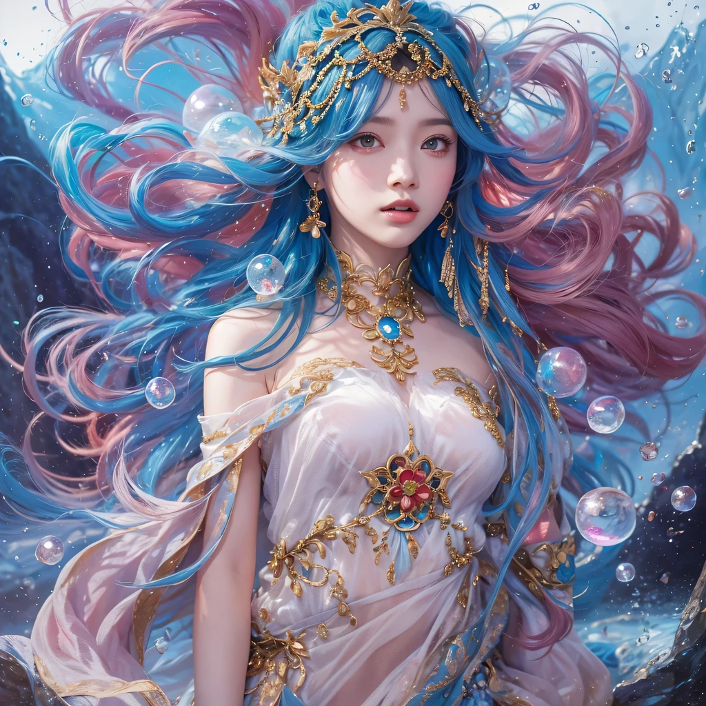 Yellow blue colors，enamel，agate，A flesh-colored world，Blood Blue Maiden 32k（masterpiece，HD，Aoyama Pond，Ultra high quality，32k）long flowing bright blue hair，blood pool，Ziddink， a color，Grumpy （After greeting）， （Linen scarf）， fighting stance， looking at the ground， long white hair， Floating bright blue， Fire cloud gold headdress， Chinese long-sleeved gold silk burgundy garment， （Abstract metaverse splash：1.2）， White background，Peony flower vitality protector（realistically：1.4），bright purple hair，Smoke on the road，The background is very pure， high resolution， detail， RAW photos， Sharp Re， Nikon D850 film photo by Jefferies Lee 4 Kodak Portra 400 camera F1.6 guns, colorful, Ultra-realistic and vivid textures, dramatic lighting, Unreal Engine Art Station Trend, Sinest 800，一个有着long flowing bright blue hair的女孩，huge colorful bubbles