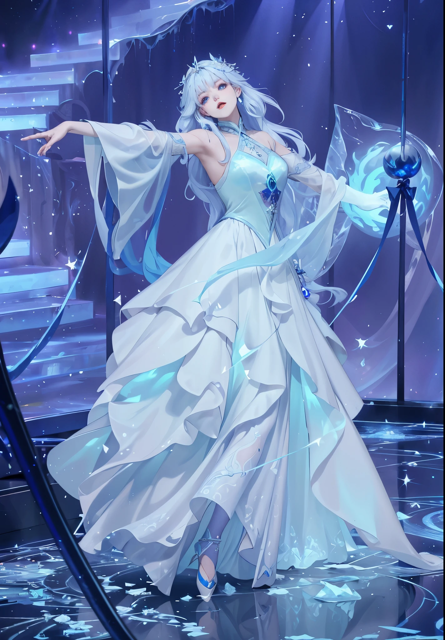 There is a woman in a skirt standing on the stage, Beautiful ancient frost witch, ethereal fantasy, Popular topics on cgstation, Astral Witch Clothes, ethereal essence, she is dancing. actual, Astral Fairy, fantasy dress, Ethereal fairy tale, ice witch, full body xianxia, This character has the ability to freeze, The witch who casts the ice ball