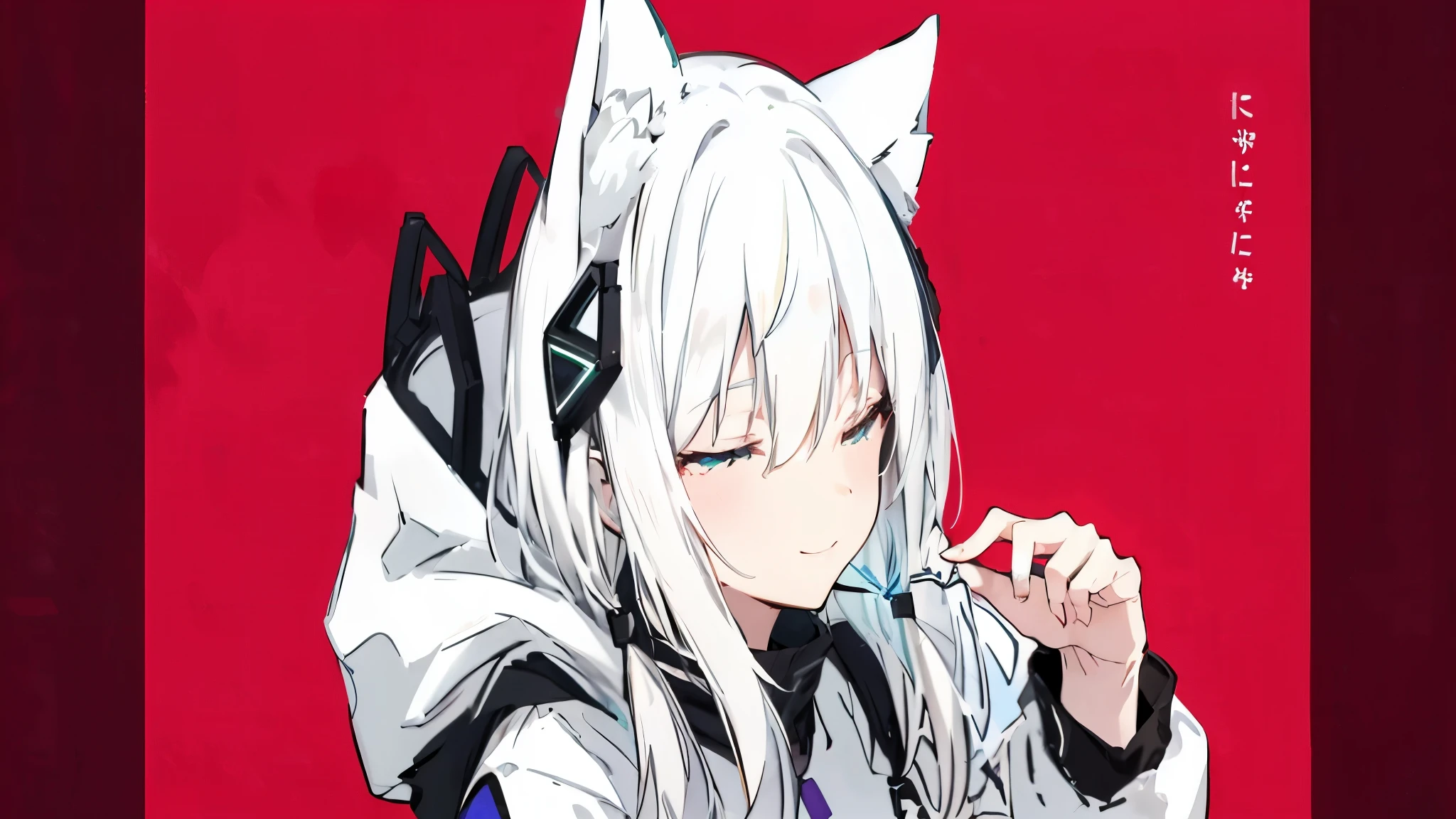 White hair and closing eyes, ((solo)), long hair, white hair, cyan eyes, smile, white hoodie, ahoge, beautiful clouds, fireflies, 4k, highly detailed, stare at viewer,
