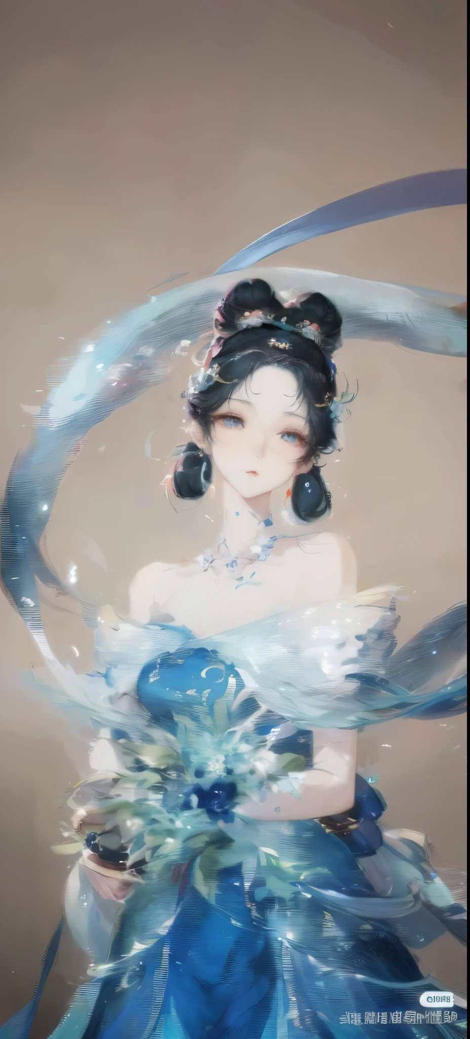 There is a woman in a blue dress holding a ribbon, Complex and gorgeous anime CGI style, Inspired by Lan Ying, Gurwitz style artwork, guweiz, Inspired by Ai Xuan, beautiful fantasy queen, Gurwitz&#39;s masterpiece, Inspired by Zhou Wenjing, Inspired by Leng Mei, Popular topics on cgstation, Inspired by Qiu Ying